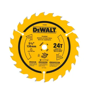 DEWALT DW9054 construction saw blade with yellow and black label, 5-3/8 inch diameter, 24 carbide teeth, designed for smooth woodcutting. Information and warnings are printed on the front.