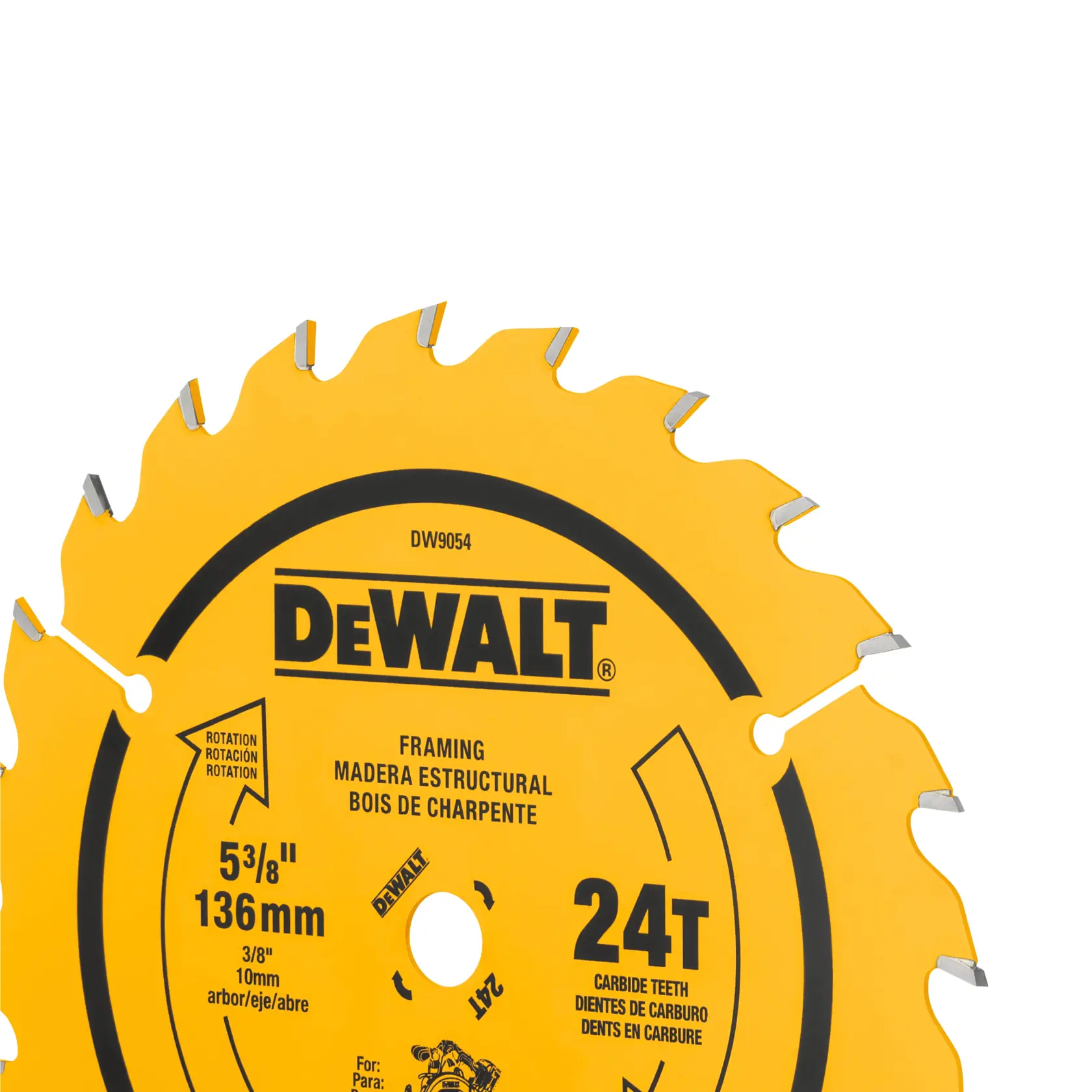 A close-up image of a yellow DEWALT circular saw blade with carbide teeth. The blade is labeled for framing, measures 5 3/8 inches (136 mm) in diameter, and has 24 teeth. Text is provided in English, Spanish, and French on the blade.