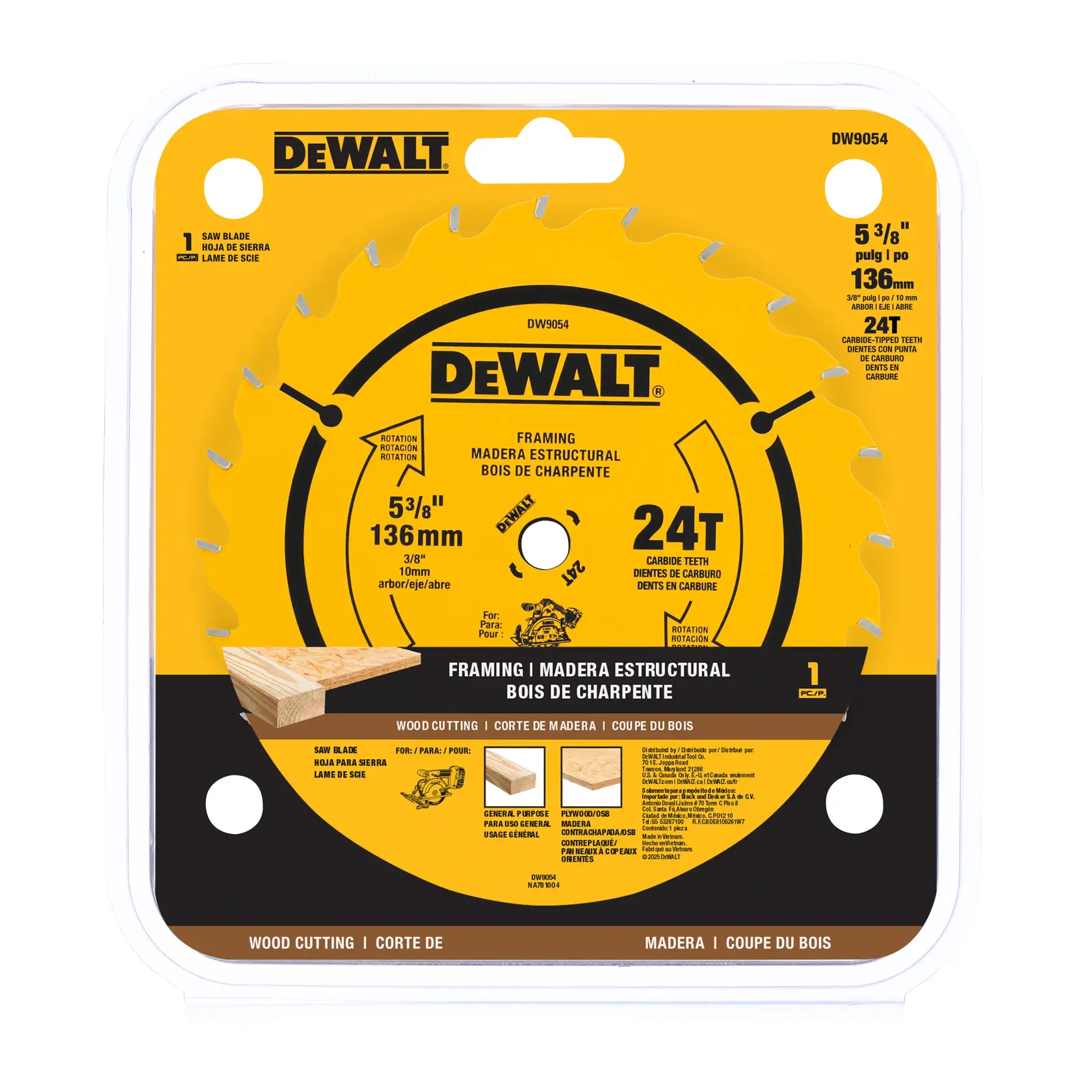 Packaging of a DEWALT framing saw blade with carbide teeth, designed for wood cutting. The blade is 5-3/8 inches (136 mm) in diameter, has 24 teeth, and a 3/8 inch arbor. The packaging is yellow and black with product details and an image of wood being cut.