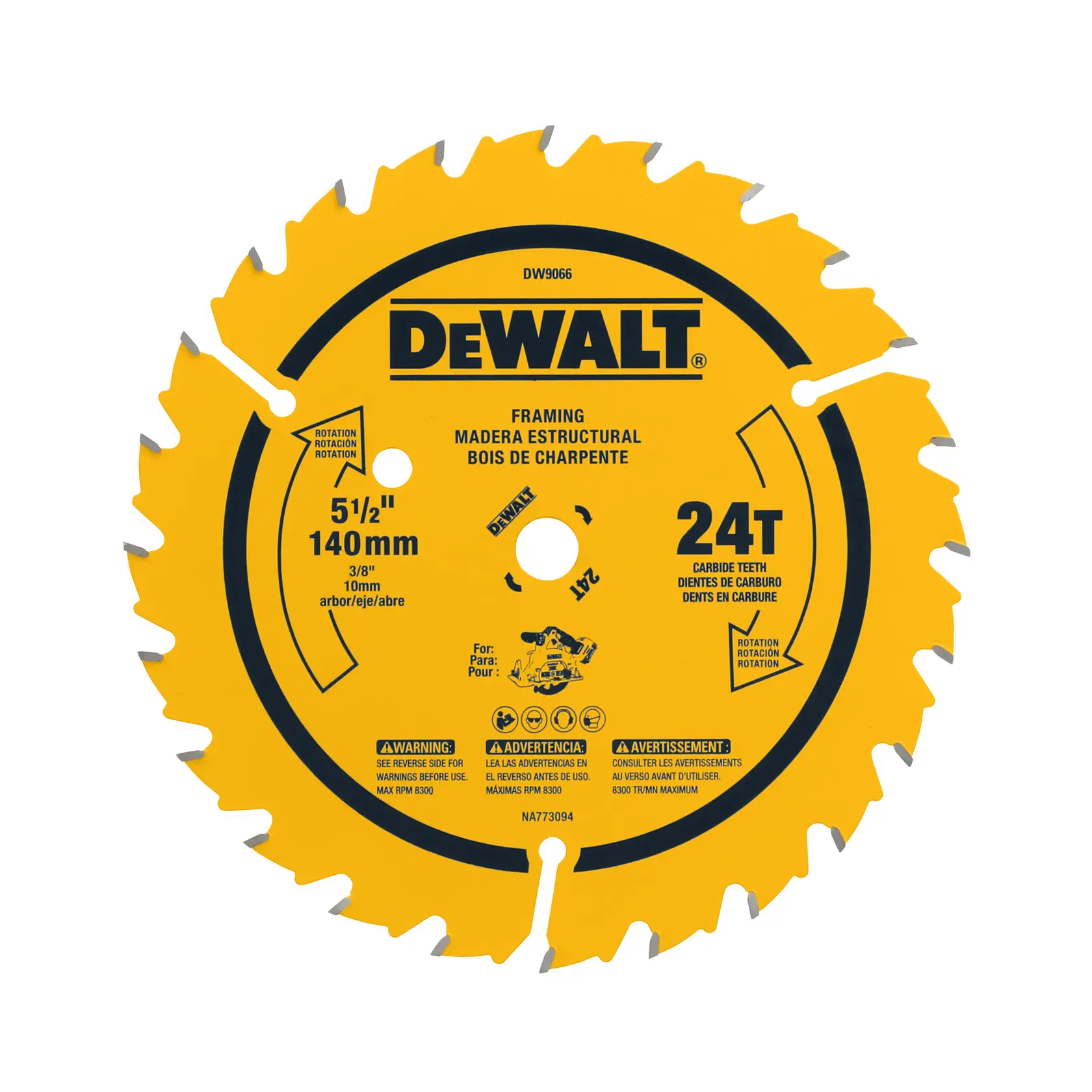 A yellow Dewalt circular saw blade with 24 carbide teeth and a diameter of 5 1/2 inches (140 mm), designed for framing and structural wood cutting. The blade features product details and safety warnings printed in English, Spanish, and French.