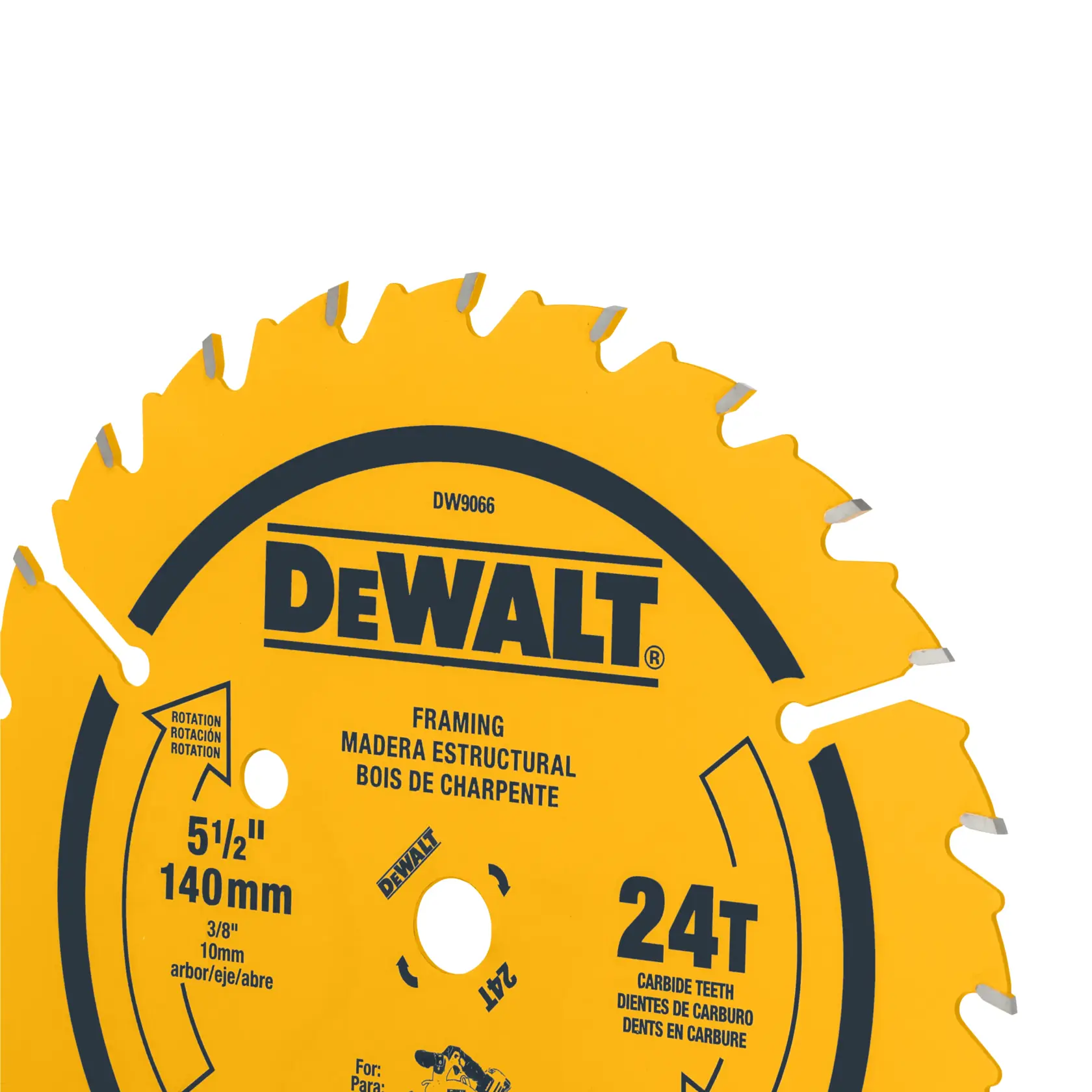 Close-up image of a DEWALT branded circular saw blade for framing, with 24 carbide teeth. The blade is yellow and labeled with specifications: 5 1/2 inches (140mm) diameter, 3/8 inch (10mm) arbor, and rotation direction indicated.