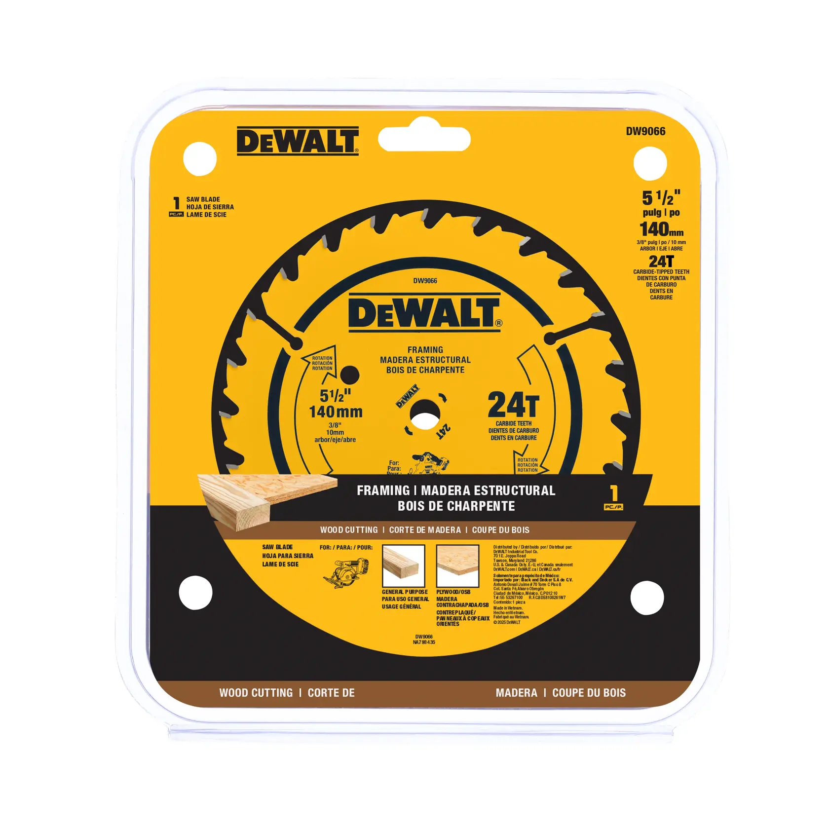 Packaging of a DeWALT framing saw blade for wood cutting, featuring a yellow and black design. The blade is 5 1/2 inches (140 mm) in diameter, has 24 carbide teeth, and is suitable for structural wood cutting. The packaging highlights that it contains one saw blade.