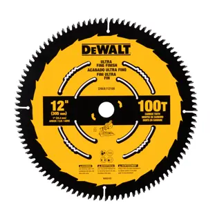 A yellow DEWALT 12-inch circular saw blade featuring 100 carbide teeth. The blade is labeled for ultra fine finish cutting, and specifications such as 305 mm diameter and 25.4 mm arbor hole are indicated. Various warnings and instructions are printed on the blade surface.