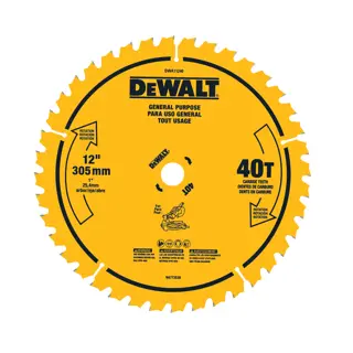 A yellow DEWALT circular saw blade for general purpose use, measuring 12 inches (305 mm) in diameter. The blade has 40 carbide teeth, with text in English, Spanish, and French indicating specifications and safety information. The center has a 1-inch (25.4 mm) arbor hole and rotation direction markings.