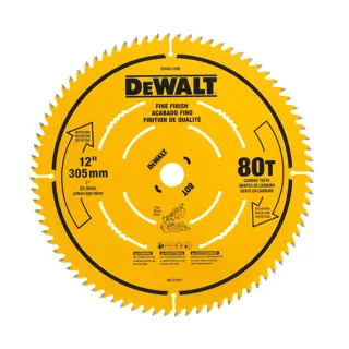 A yellow DeWalt circular saw blade with 80 carbide teeth, labeled as fine finish. The blade is 12 inches (305 mm) in diameter with a 1 inch (25.4 mm) arbor. The blade features product information and safety warnings printed in English, Spanish, and French.