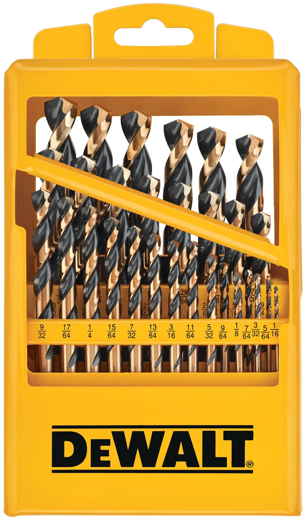 A yellow DEWALT branded plastic case containing a set of multiple sized drill bits, organized in rows with size markings visible at the bottom.