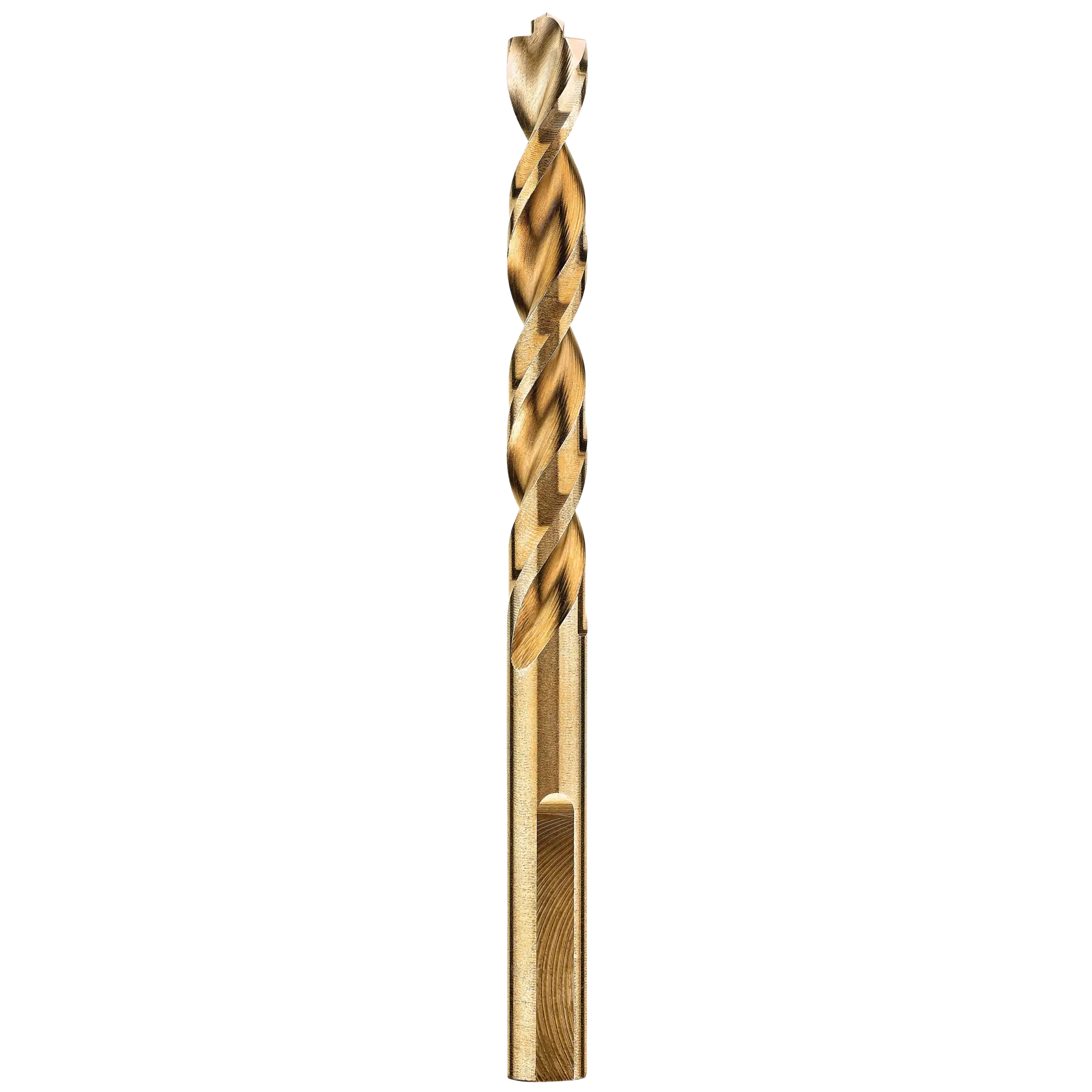 A close-up image of a single gold-colored twist drill bit, shown vertically against a plain white background.