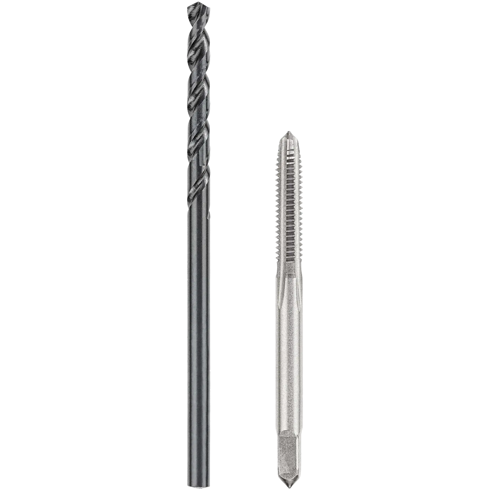 A set of two DEWALT tools: one black drill bit and one silver threading tap, shown side by side on a white background.