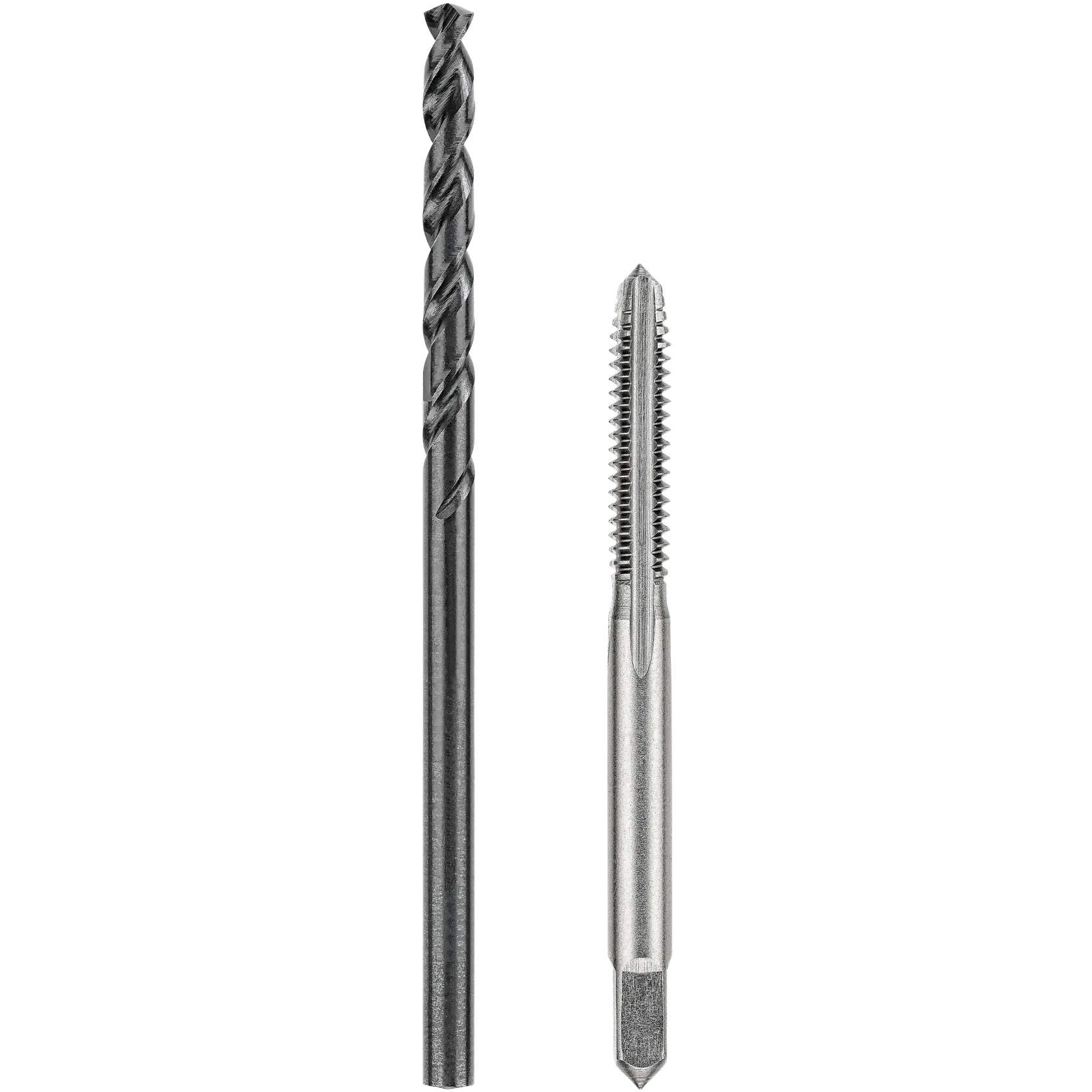 A close-up image of a DEWALT drill bit and a metal tap, both standing vertically side by side on a white background.