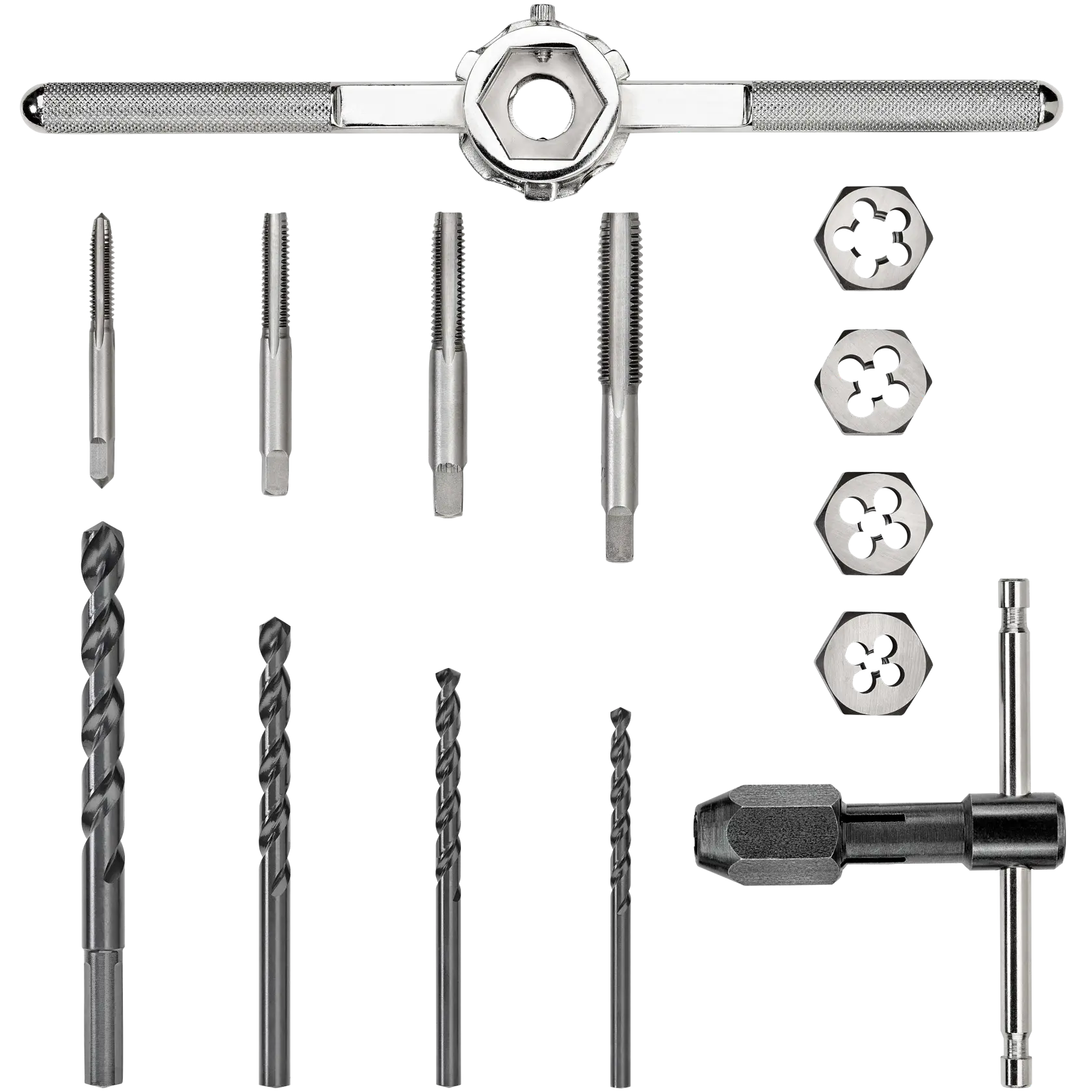 A DEWALT tap and die set including a tap wrench, several drill bits, taps, dies, and a die holder arranged neatly on a white background.
