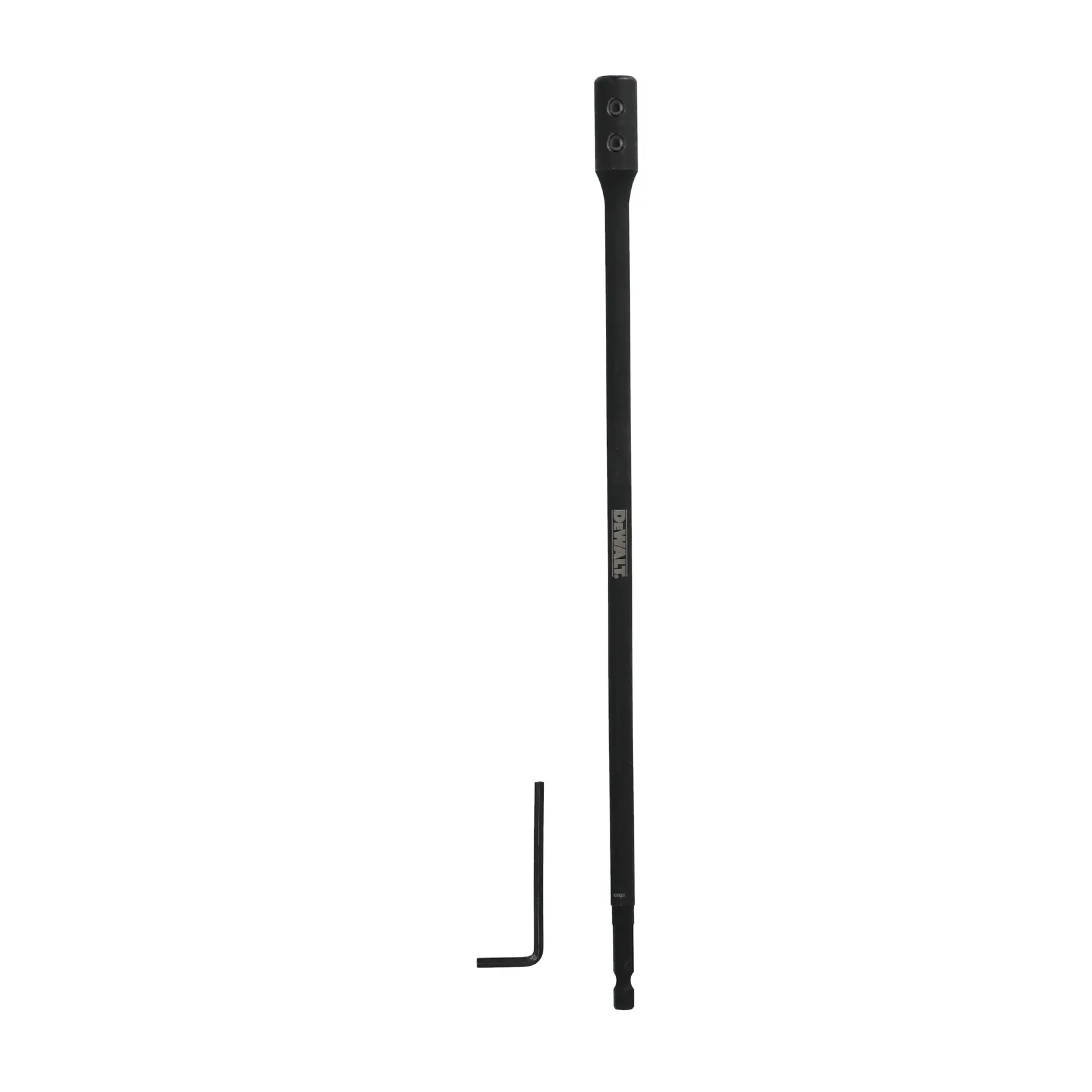A DEWALT long black extension drill bit with two screw holes near the top, accompanied by a small L-shaped hex key tool.