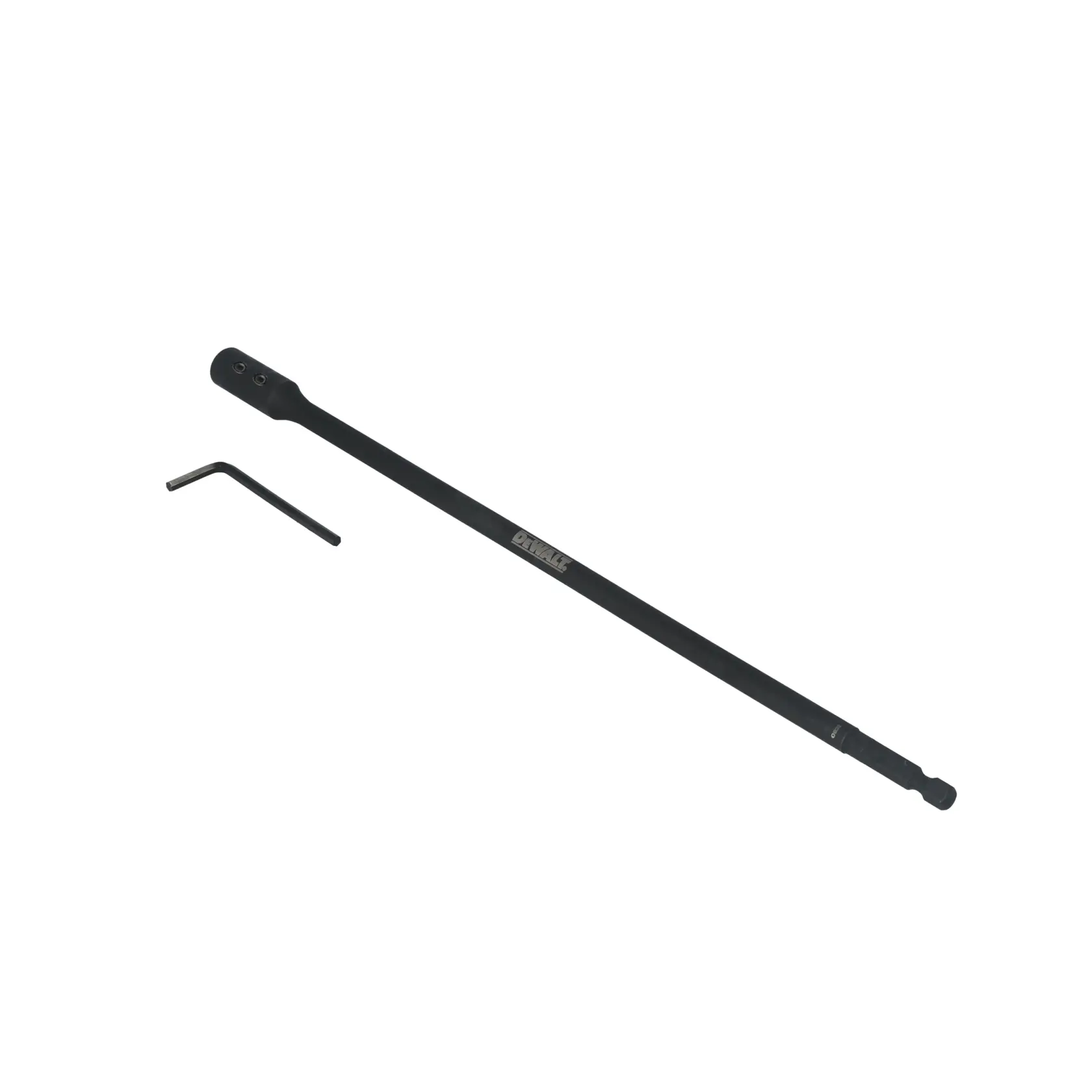 A DEWALT branded black drill bit extension rod with an accompanying L-shaped hex key, both placed on a white background.