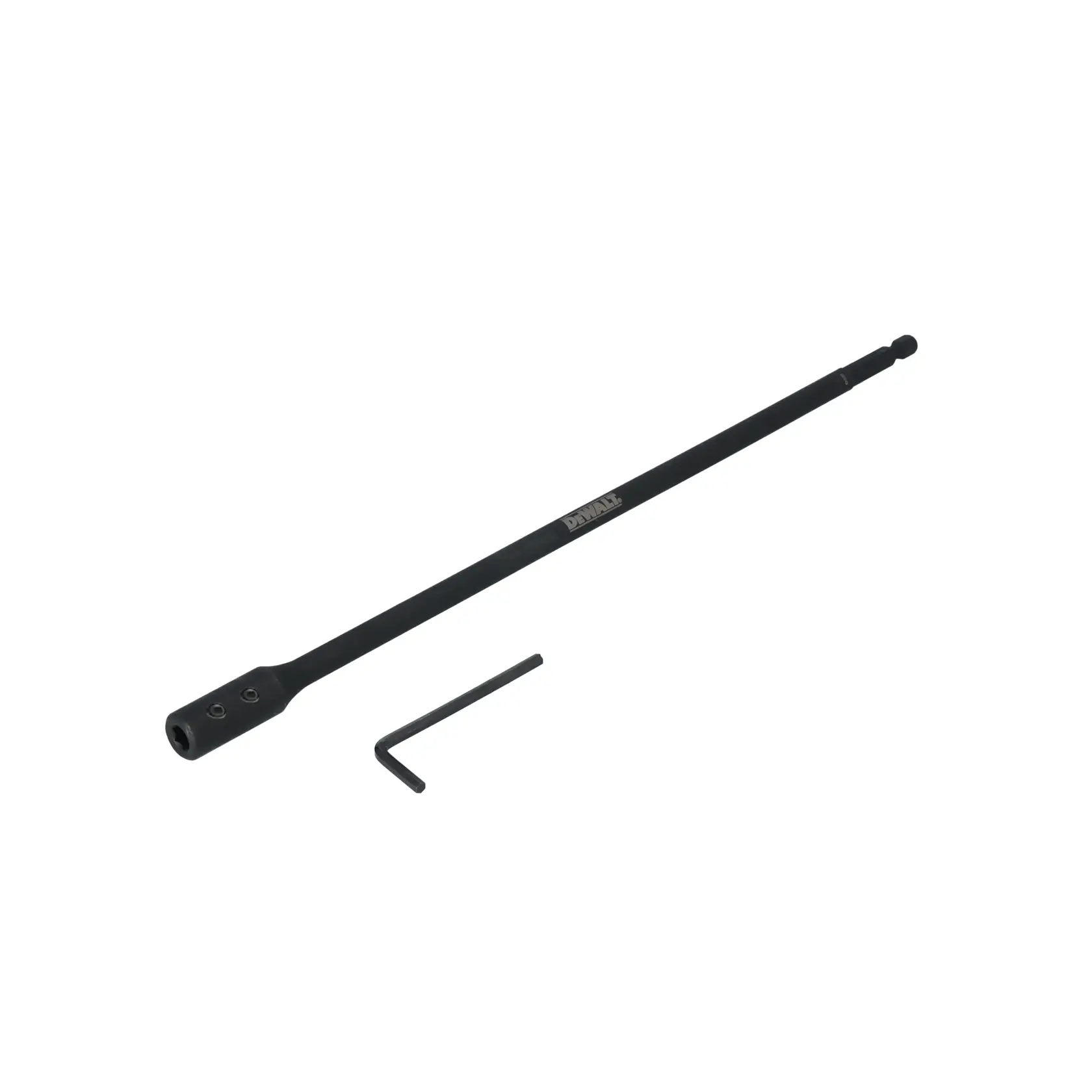A DEWALT long black extension bar with a hex key tool, photographed on a white background. The extension bar has a socket end and is designed for use with power tools.