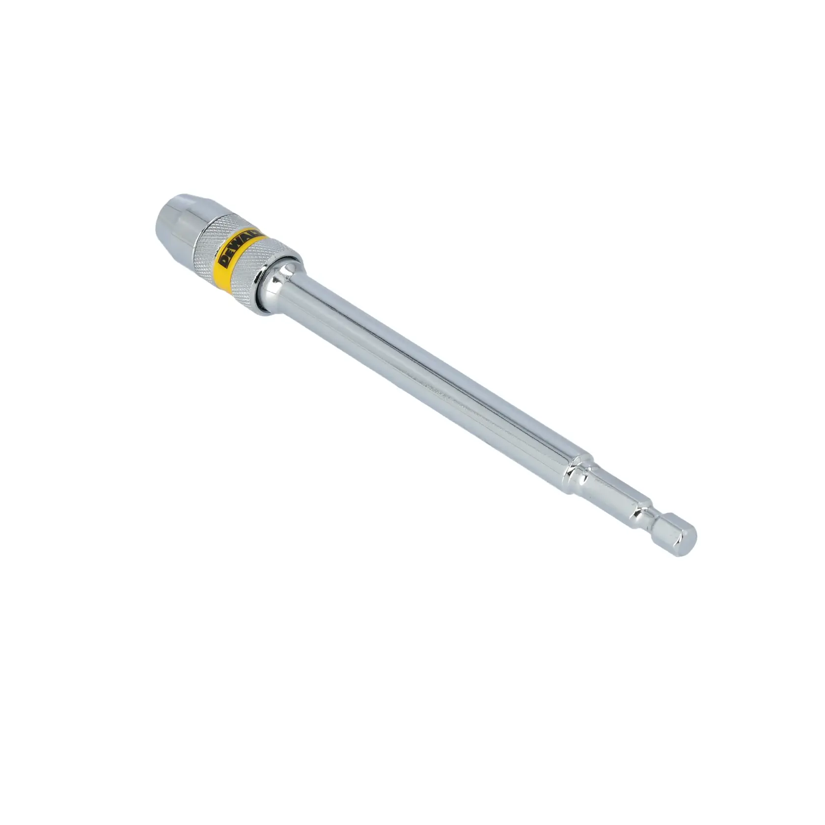 A silver metallic DEWALT quick-change extension tool for drill bits, shown on a white background.