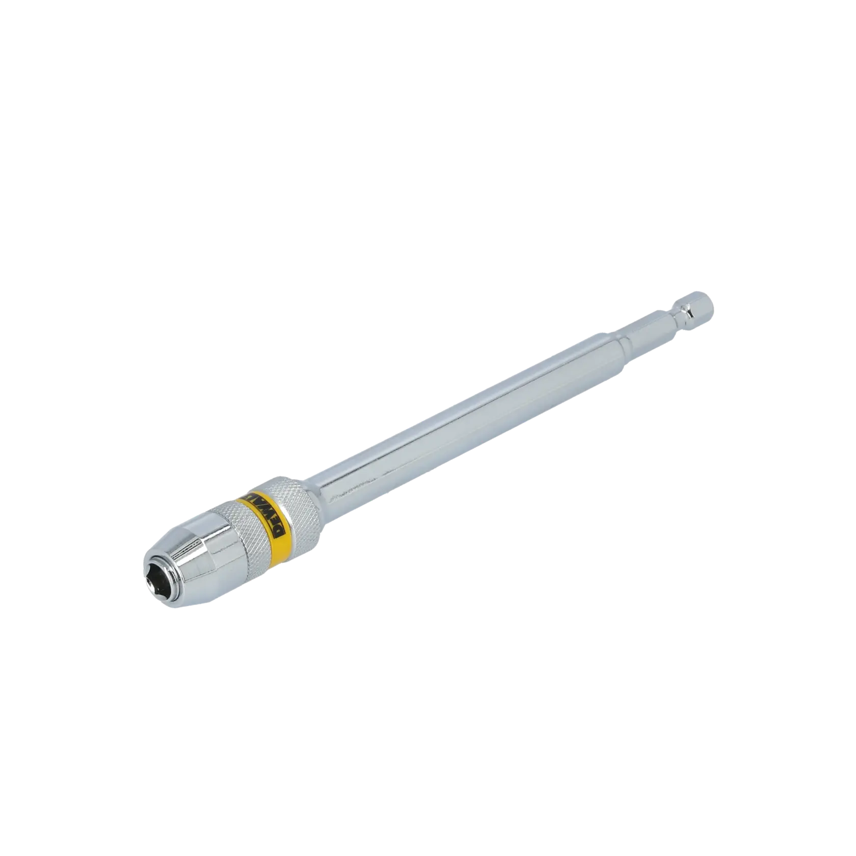 A metallic DEWALT quick-change extension bit holder with a yellow accent, designed for use with power tools. The tool is shown isolated on a white background.
