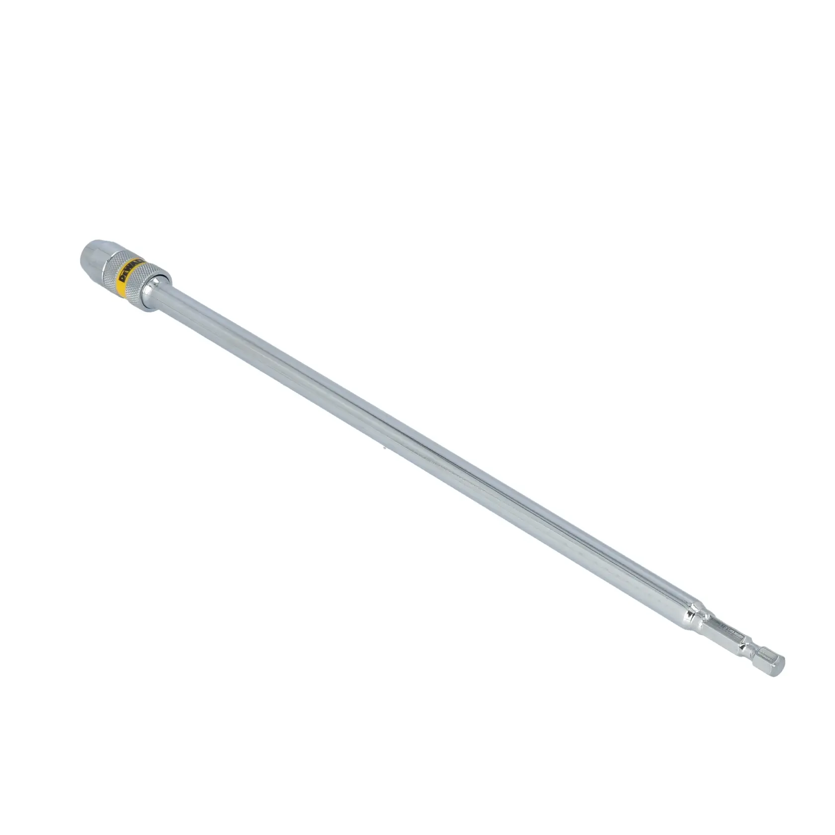 A long, metallic DEWALT quick-change extension for drill bits, shown against a white background.