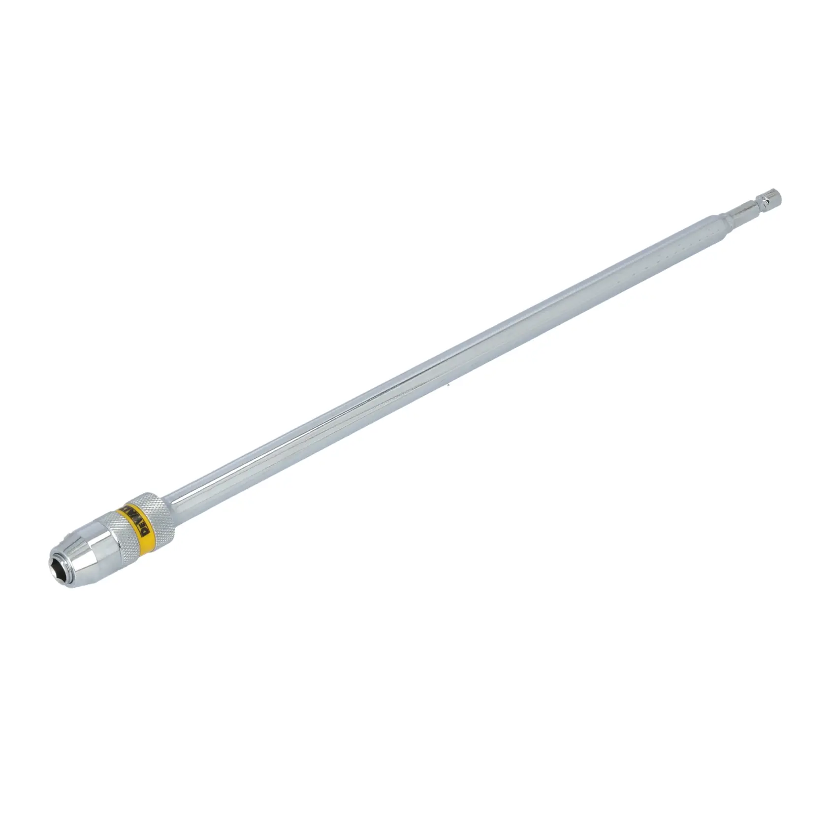 A long, silver-colored quick change extension rod used with power tools for driving bits.