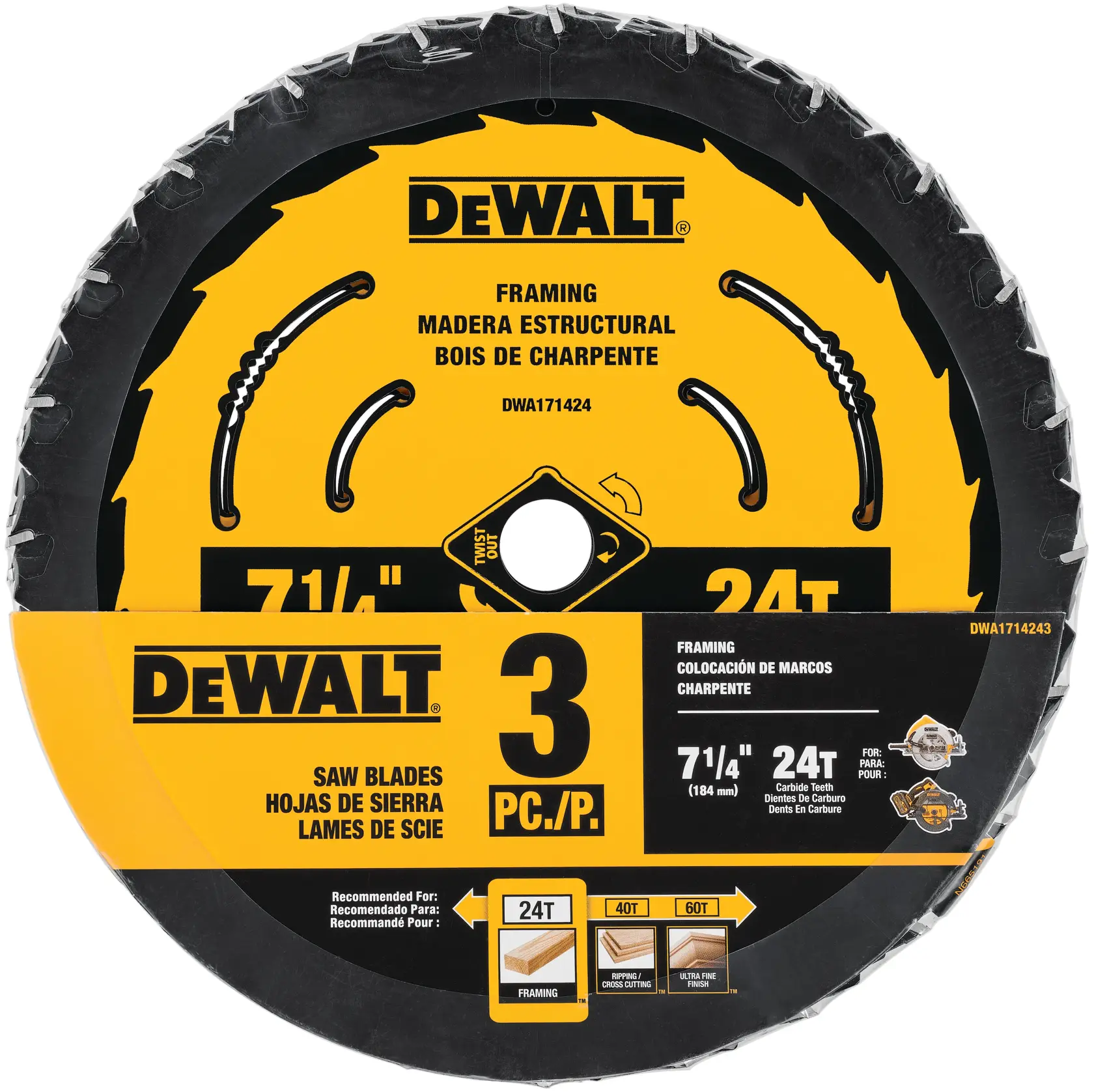 A DEWALT saw blade pack containing three circular blades for framing, each with a diameter of 7-1/4 inches and 24 carbide teeth. The packaging is yellow and black with multilingual text for saw blades and framing purposes.