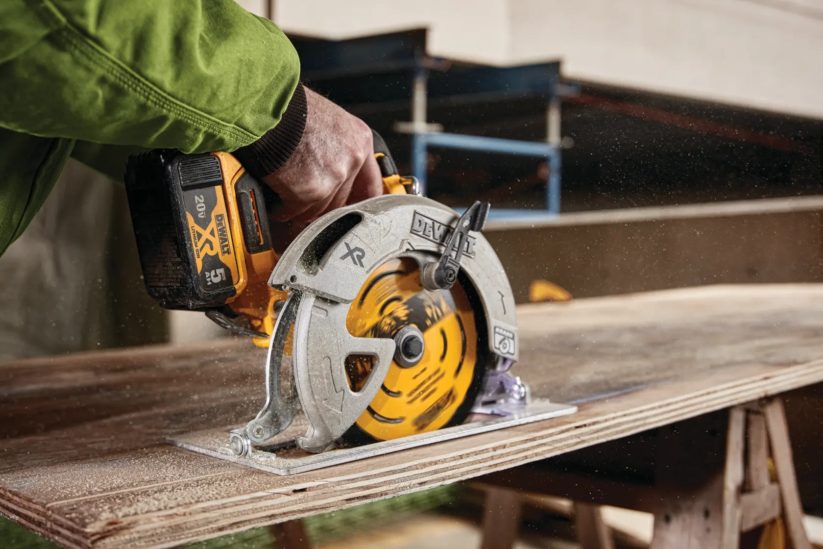 7 and a quarter inch 24 teeth Circular Saw Blade being used to cut plywood.
