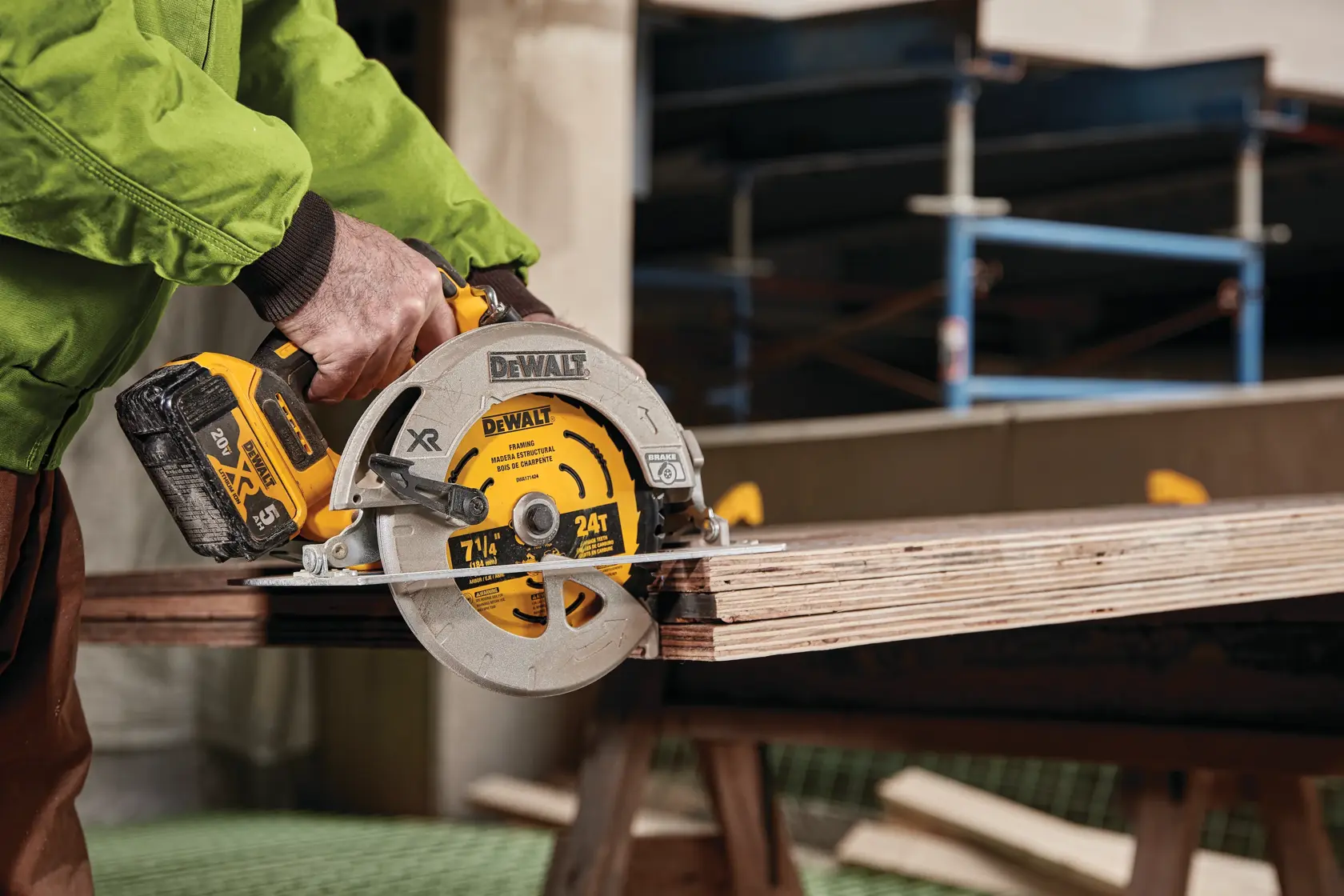 Seven and a Quarter inch Circular Saw Blades being used on wooden board.