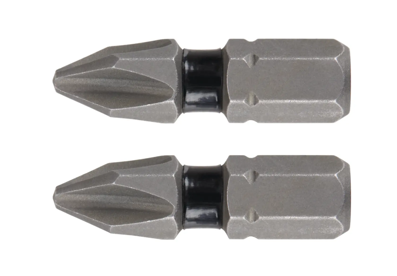 Two metallic Phillips screwdriver bits with black bands, displayed side by side on a white background.