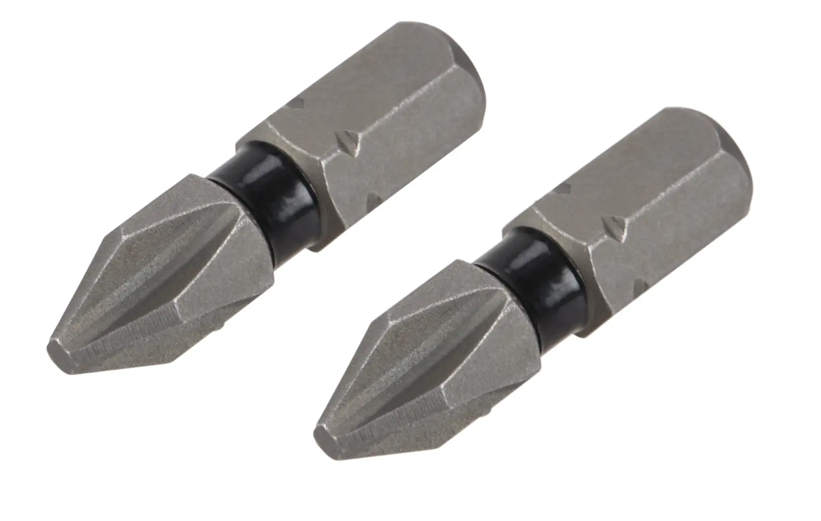 Two metallic Phillips screwdriver bits placed side by side on a white background.