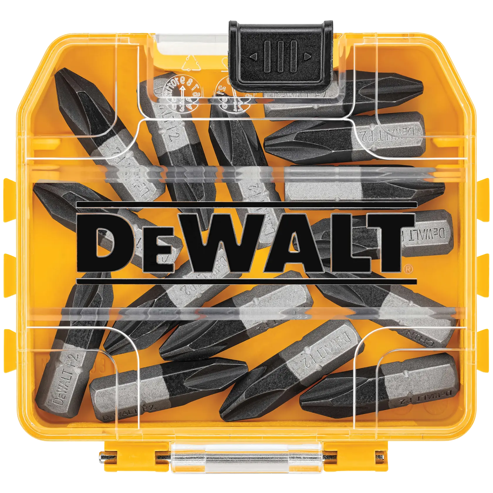 A clear plastic case with a yellow base containing several black and silver DEWALT screwdriver bits, arranged inside the case. The DEWALT logo is prominently displayed on the case lid.