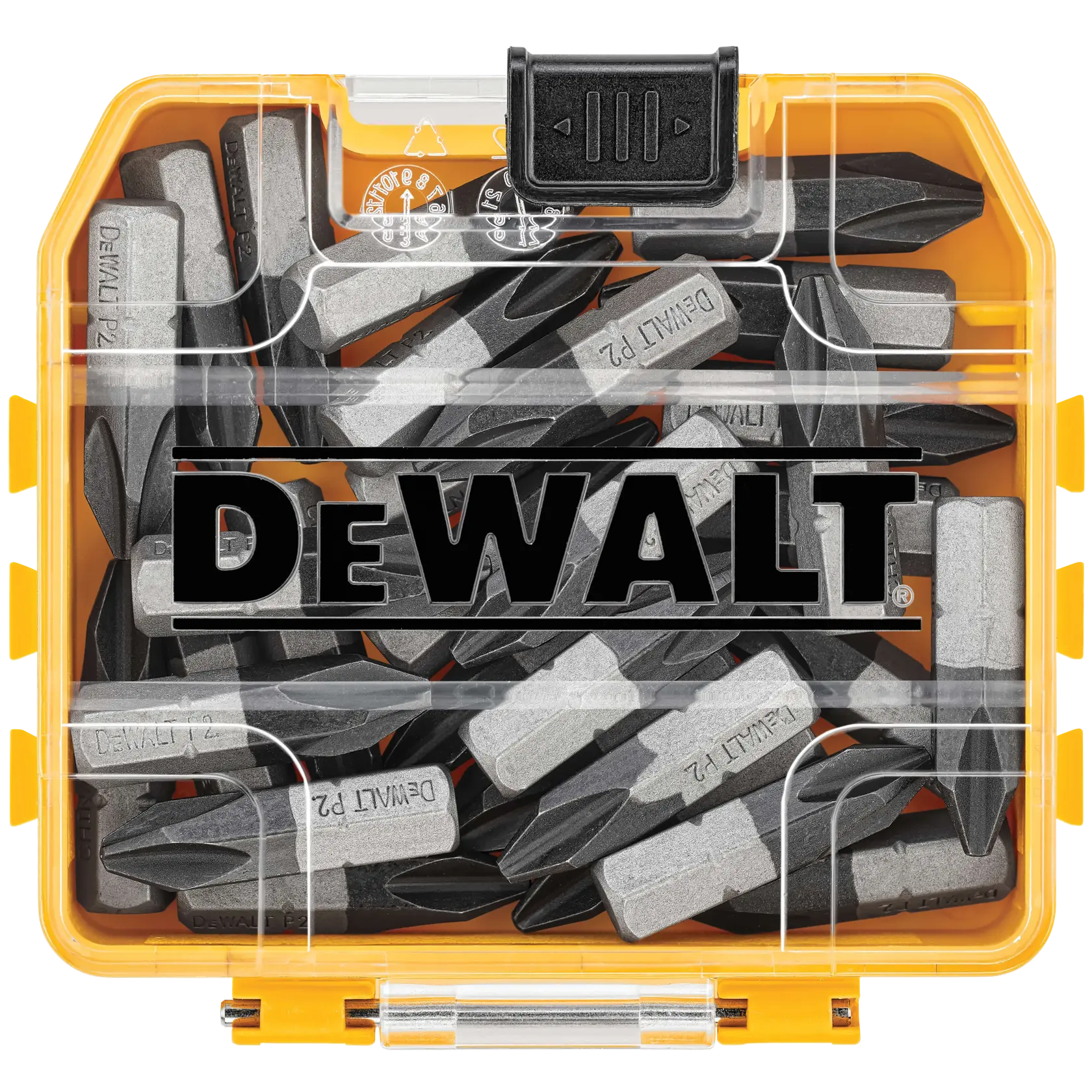 A yellow plastic box with transparent lid containing several DEWALT branded screwdriver bits, used for power tools. The DEWALT logo is prominently visible on the lid.