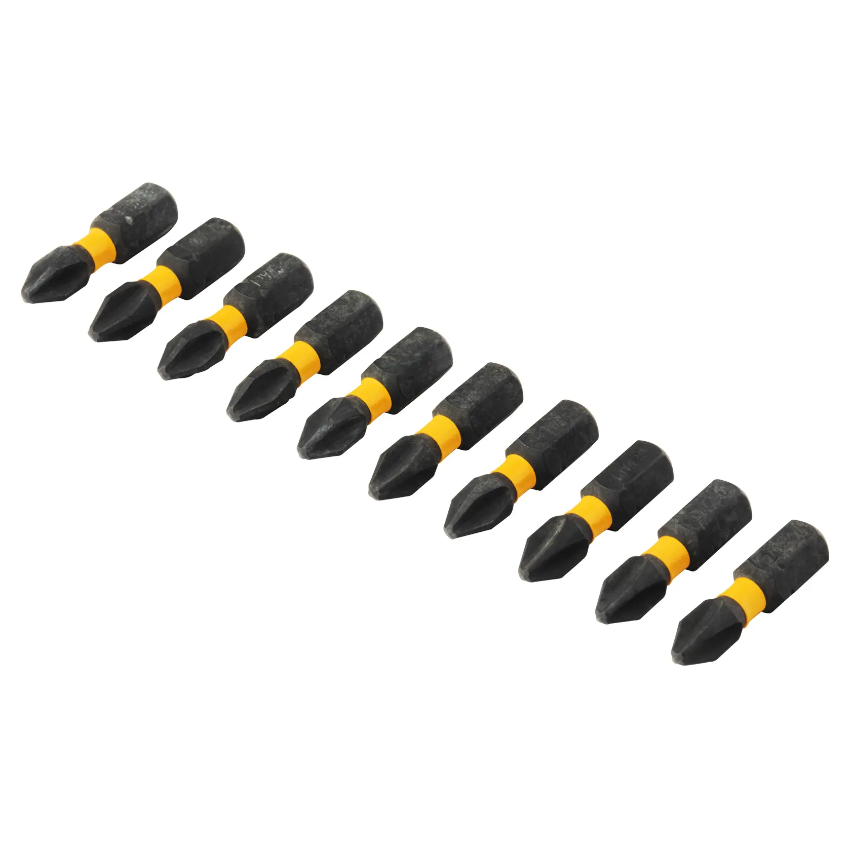 A DEWALT power tool with a drill bit attachment being used to drive a screw into a wooden surface in a construction setting.