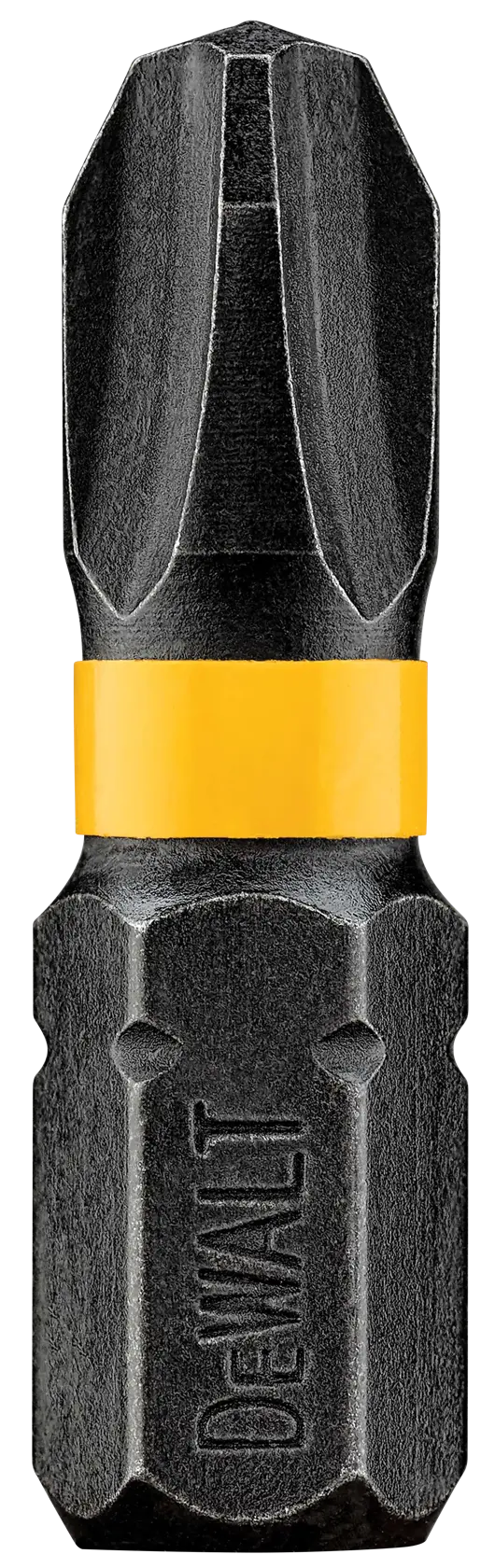 A DEWALT branded black Phillips screwdriver bit with a yellow band around the middle, shown against a white background.