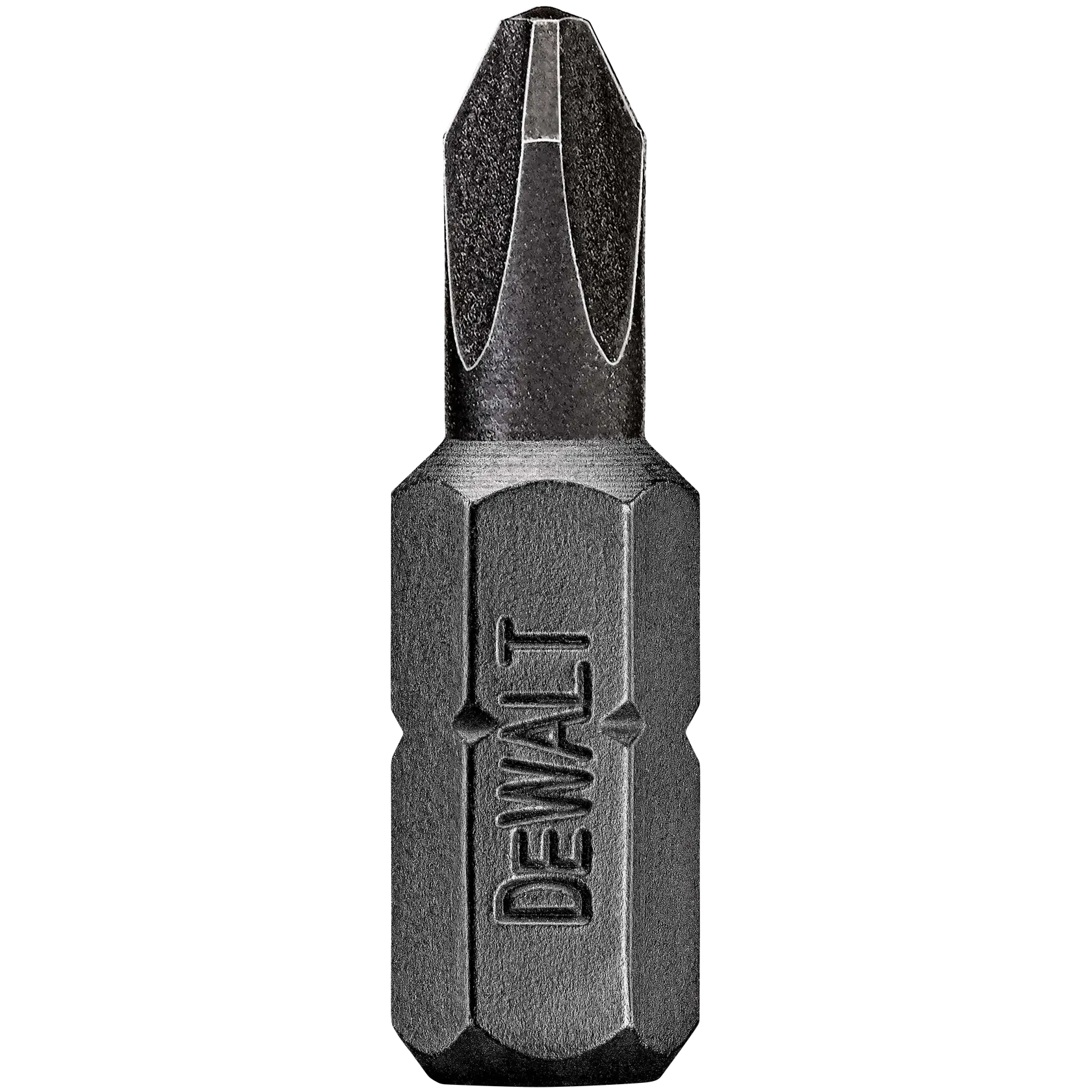 A close-up image of a DEWALT branded screwdriver bit with a hexagonal base and a Phillips head.