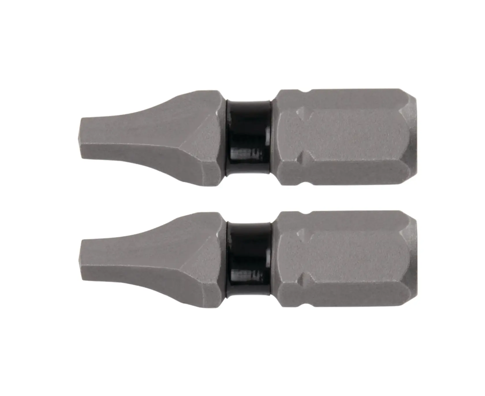 Two short, metallic screwdriver bits with flat ends, shown side by side against a white background.