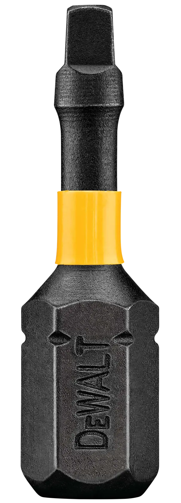 A close-up image of a DEWALT branded black screwdriver bit with a yellow collar, designed for impact drivers.