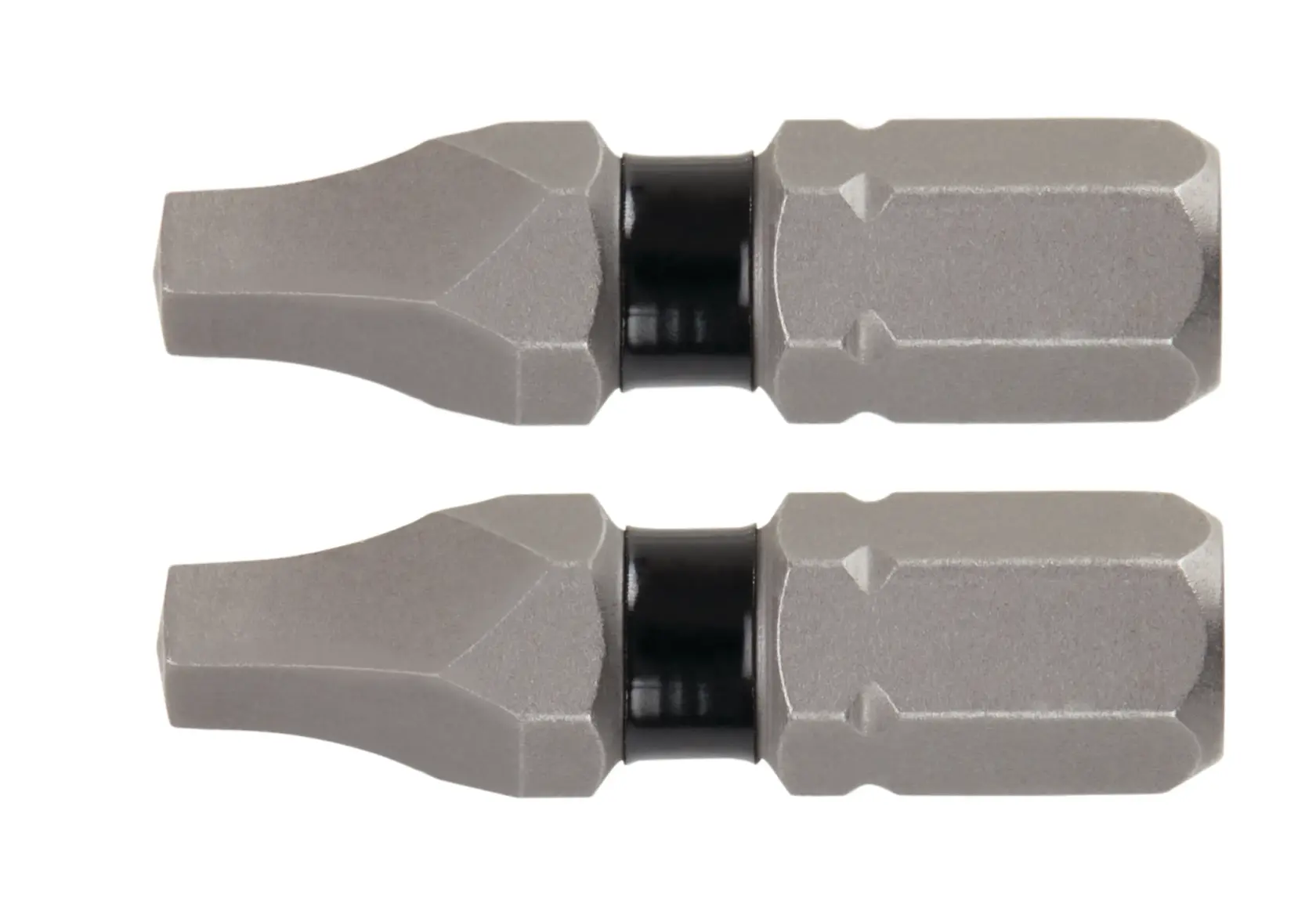 Two DEWALT screwdriver bits are shown side by side. The bits are metallic with hexagonal bases and have black rings near the base.