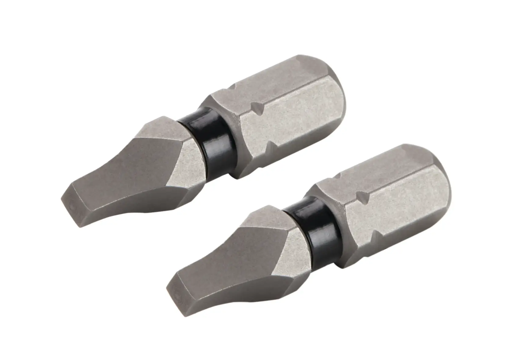Two DEWALT branded flat screwdriver bits, shown against a white background.