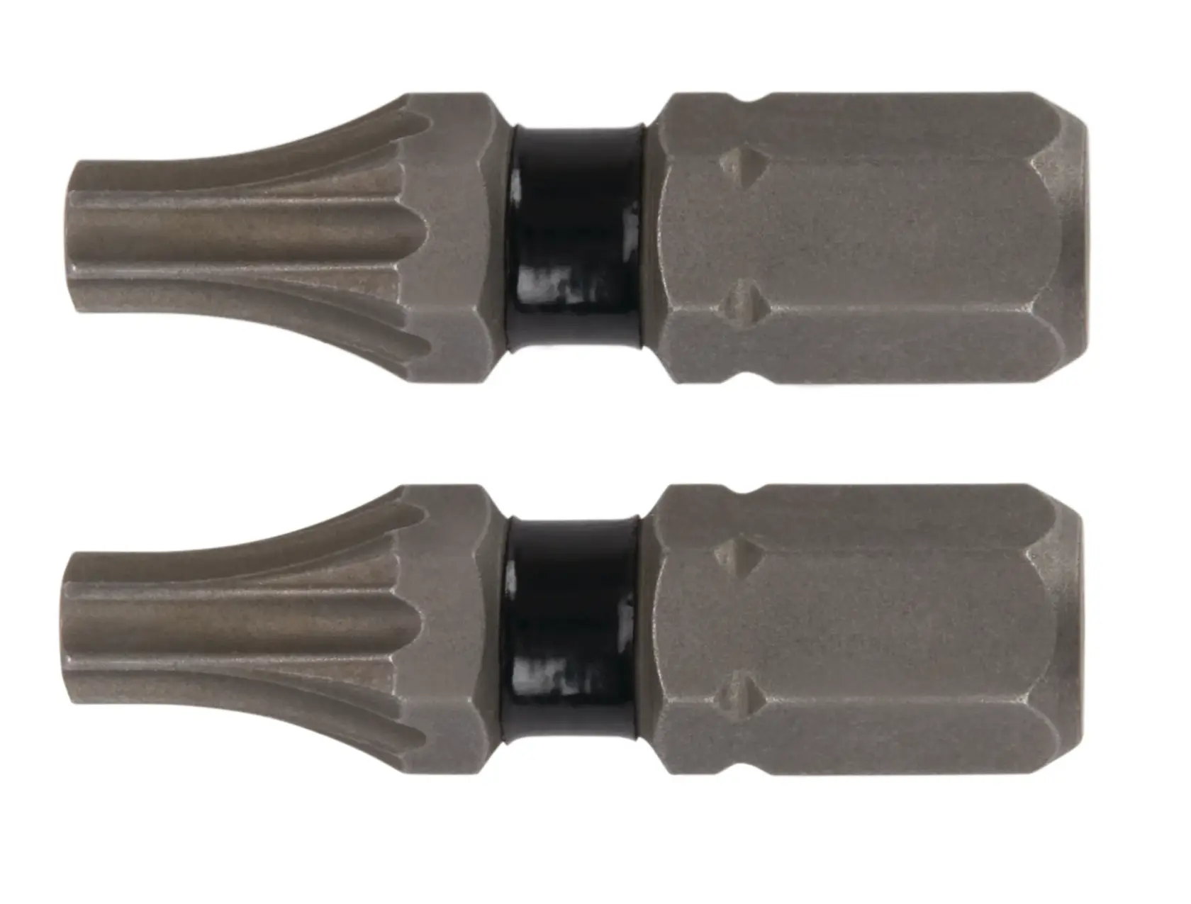 Two metallic screwdriver bits with a grooved design and a black collar, shown side by side on a white background.