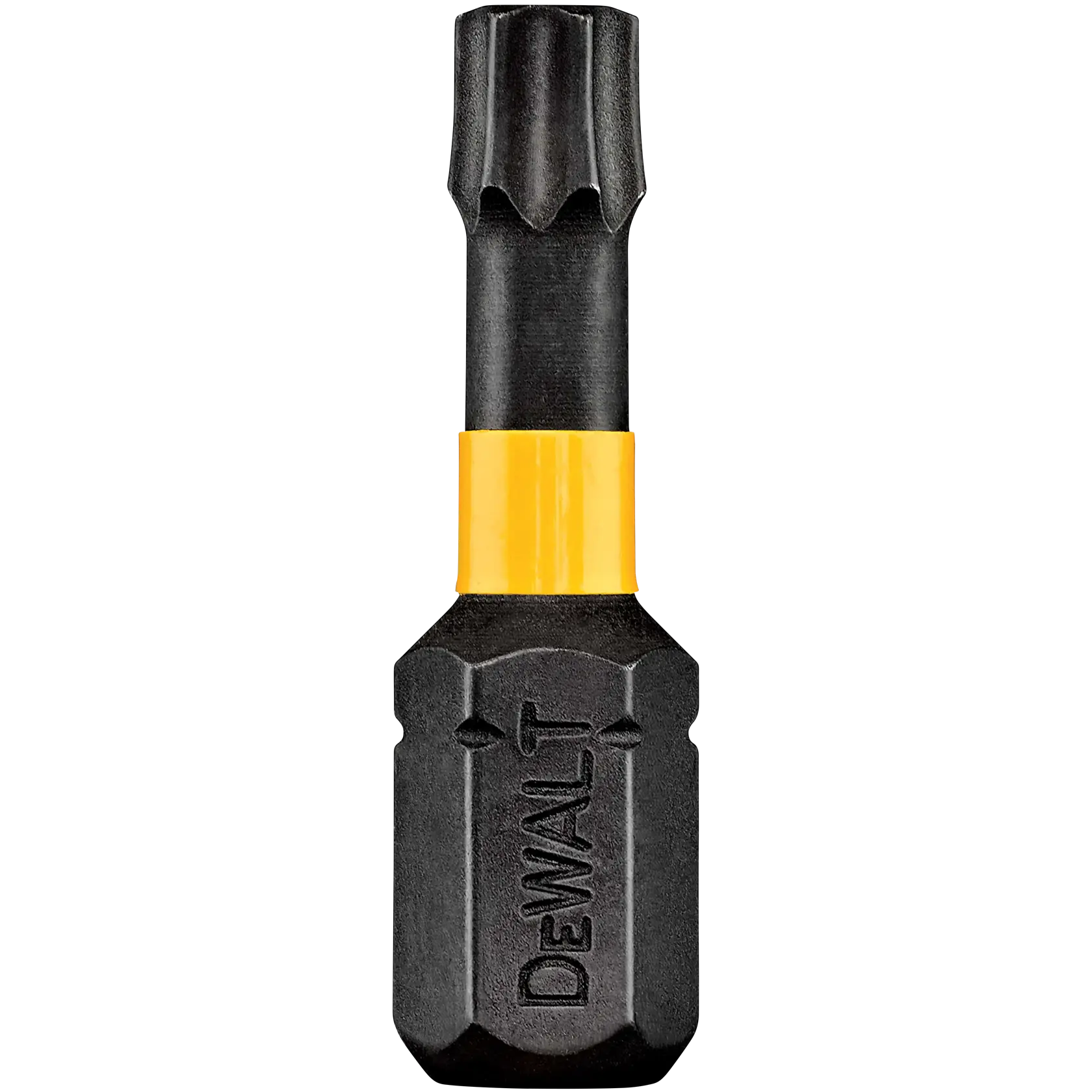 A close-up image of a DEWALT branded black Torx screwdriver bit with a yellow band near the tip. The bit is designed for use with power tools.