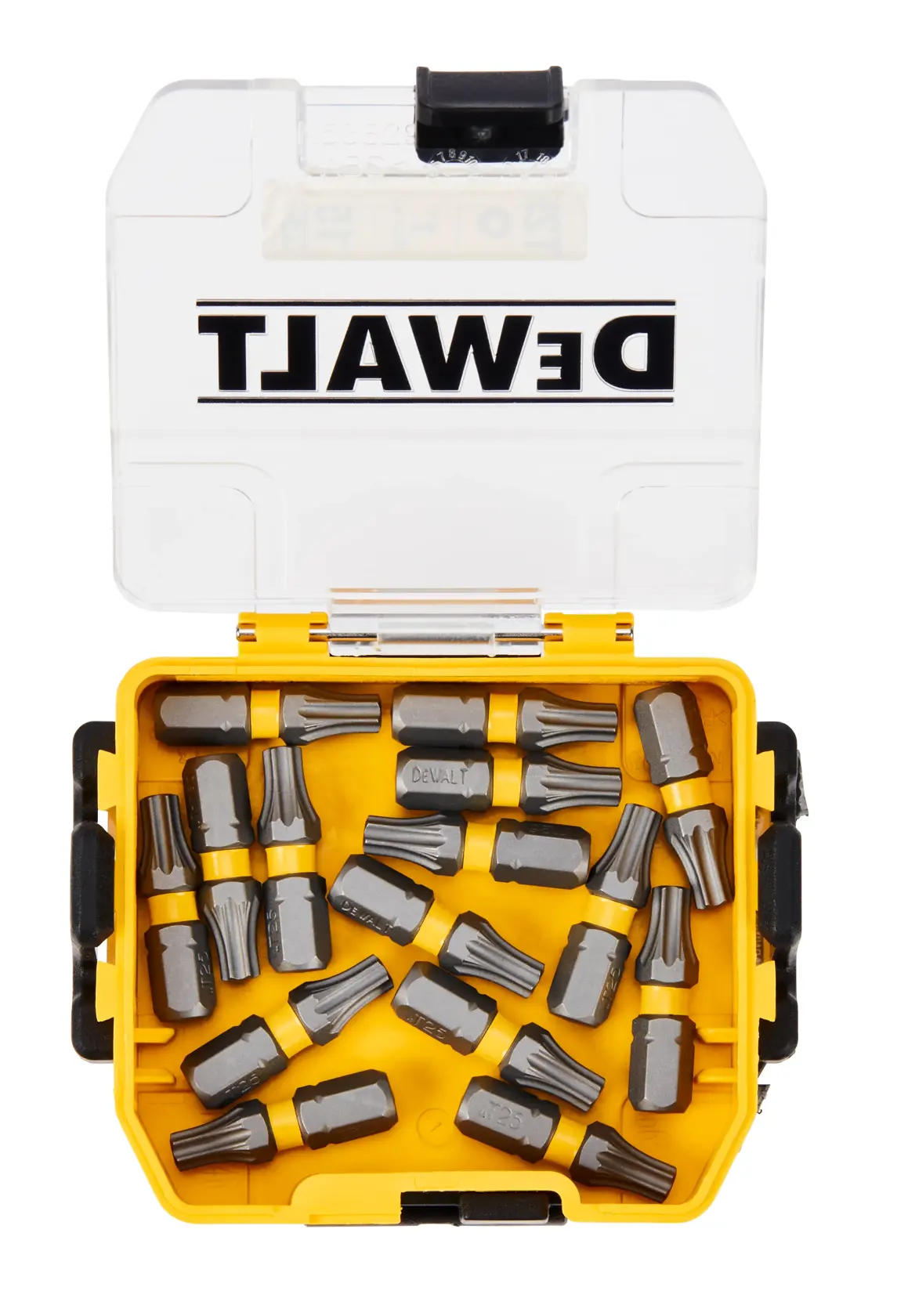 A yellow and black DEWALT tool box with a clear lid, containing multiple screwdriver bits neatly organized inside.