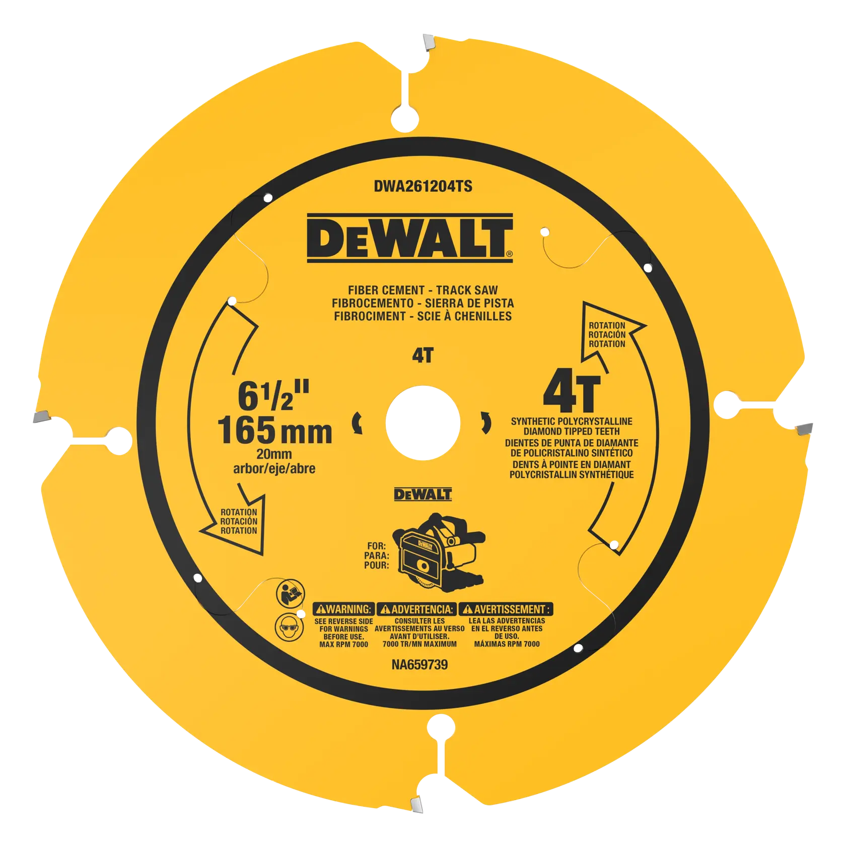 Yellow DEWALT track saw blade for fiber cement, 165mm diameter, 4 diamond-tipped teeth, 20mm arbor.