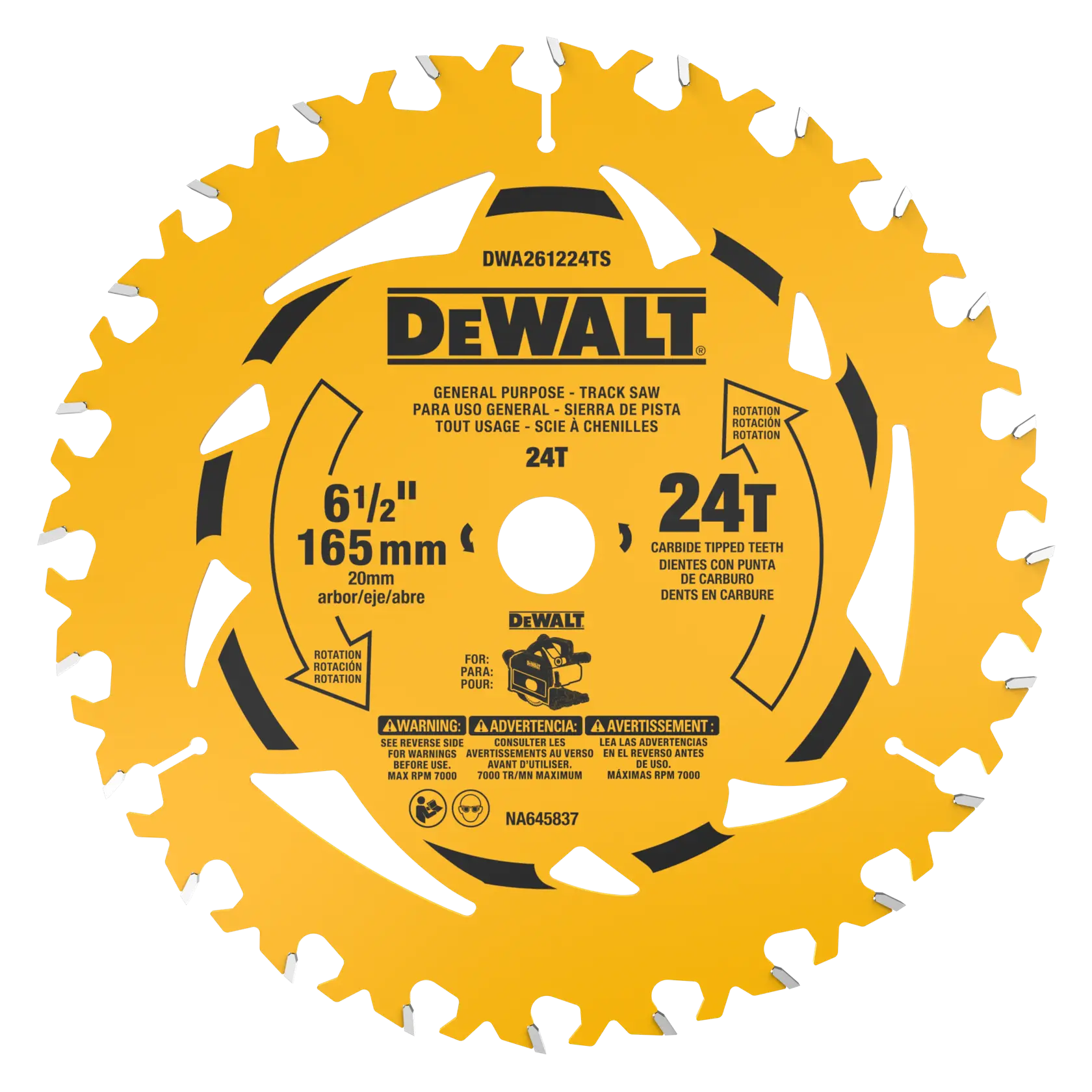 DEWALT 6-1/2 inch (165 mm) circular saw blade for track saws, model DWA261224TS, featuring 24 carbide-tipped teeth for general purpose cutting. The blade is yellow with black and white text and graphics, indicating specifications and safety warnings.