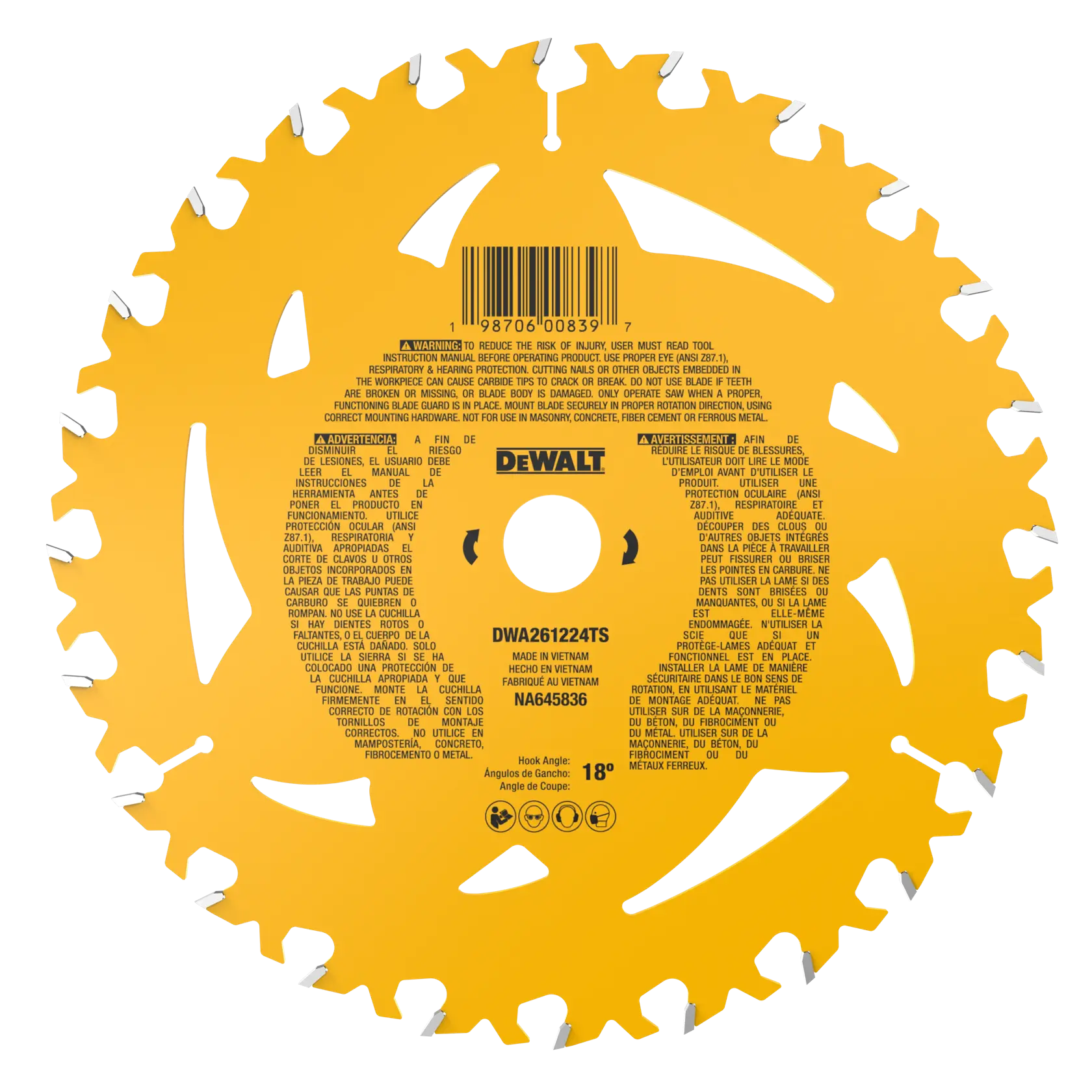 Yellow DEWALT circular saw blade with sharp teeth and printed safety instructions in several languages. Model number DWA261224TS is visible in the center along with product and manufacturing details.