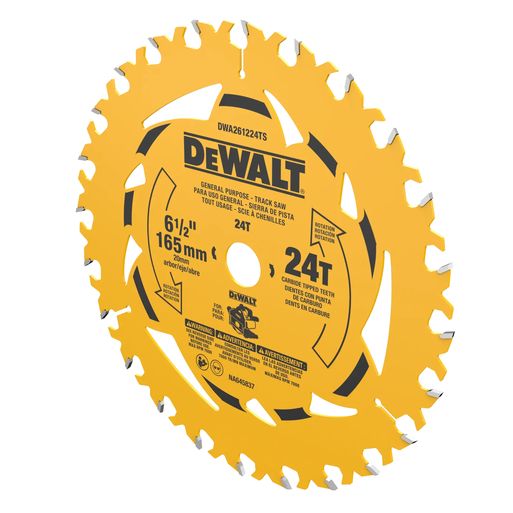 A DEWALT 6-1/2 inch (165 mm) 24-tooth circular saw blade for track saws, with carbide-tipped teeth and yellow color, product SKU DWA261224TS.