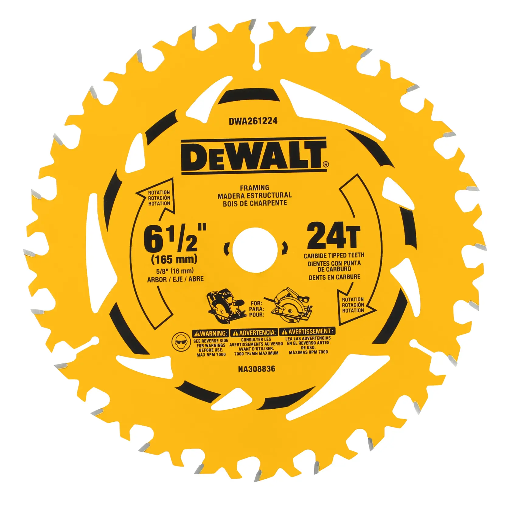 DEWALT DWA261224  6-1/2“ 24T Single Pack front view.