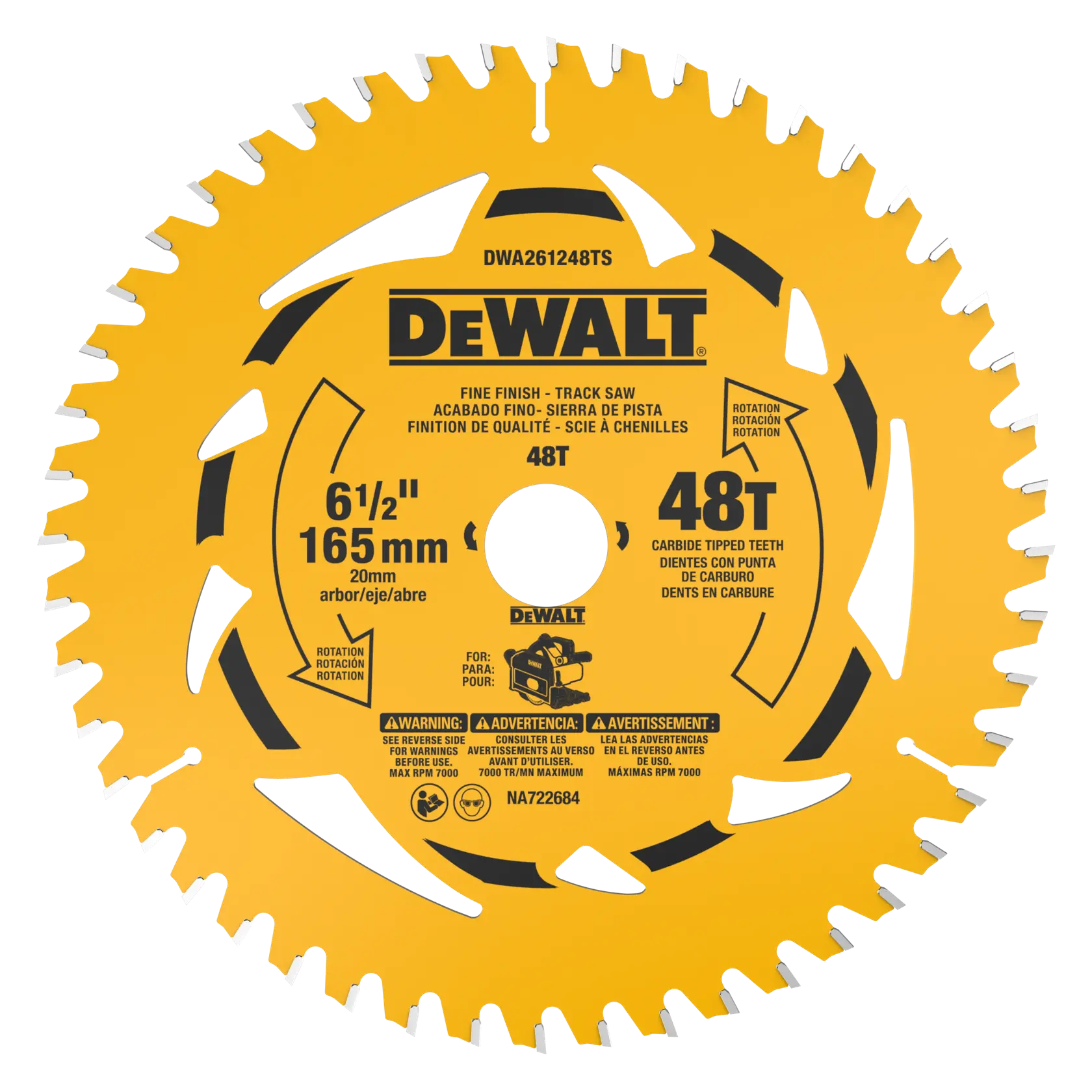 A DEWALT branded circular saw blade designed for track saws. The blade is yellow with black text, indicates 'fine finish' and has 48 carbide-tipped teeth. Specifications include 6-1/2 inch diameter, 165 mm, 20 mm arbor size, and maximum RPM of 7000. The SKU is DWA261248TS. Warnings and multilingual instructions are printed on the blade.