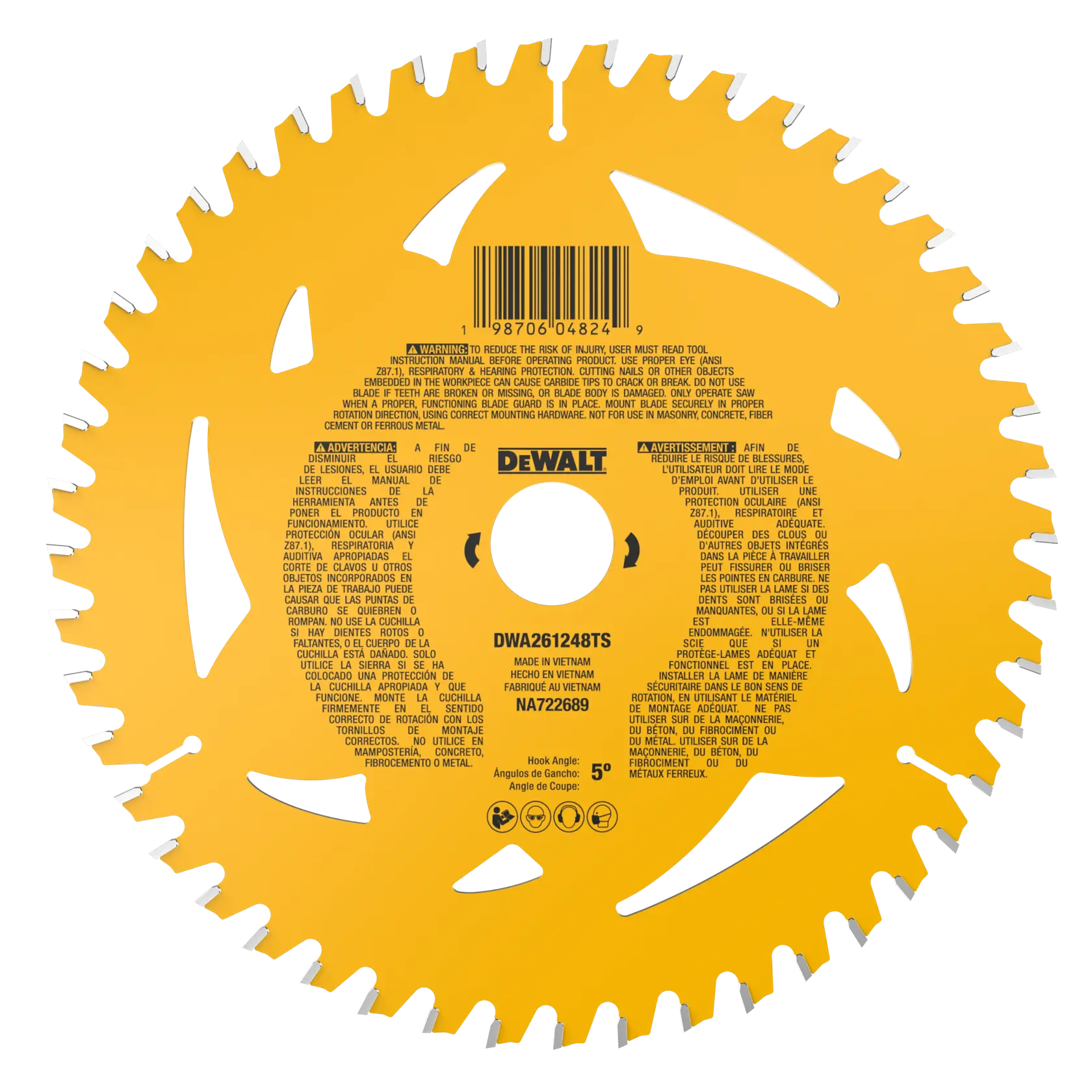 DEWALT circular saw blade, model DWA261248TS, with a bright yellow finish. The blade has multiple sharp teeth around the edge and several angled cut-out slots on the body for reduced weight and improved cutting performance. Product details, safety information, and branding are printed in black text on the center of the blade.