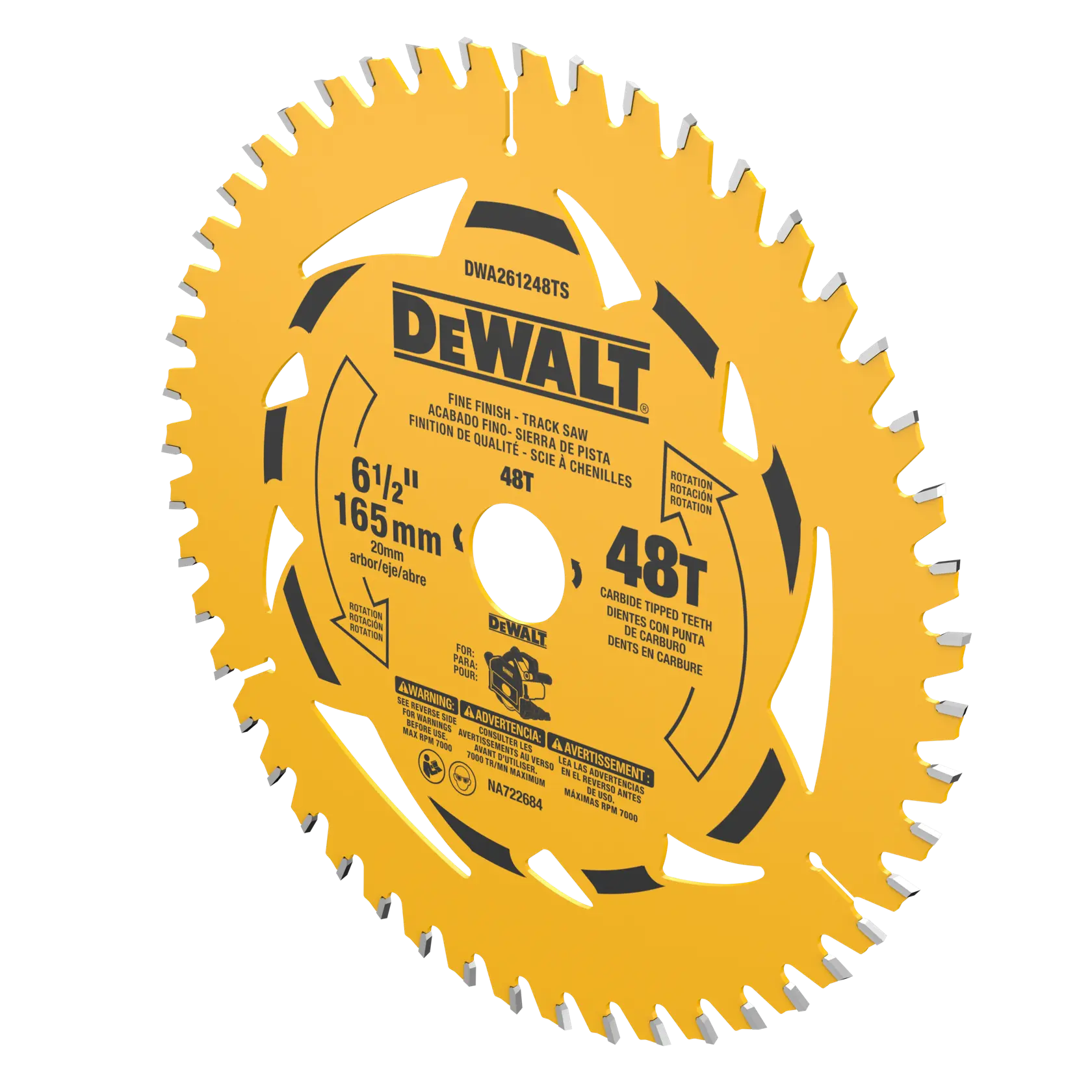 A DEWALT 6.5-inch (165 mm) 48-tooth carbide-tipped circular saw blade designed for track saws, with yellow finish and detailed labeling.