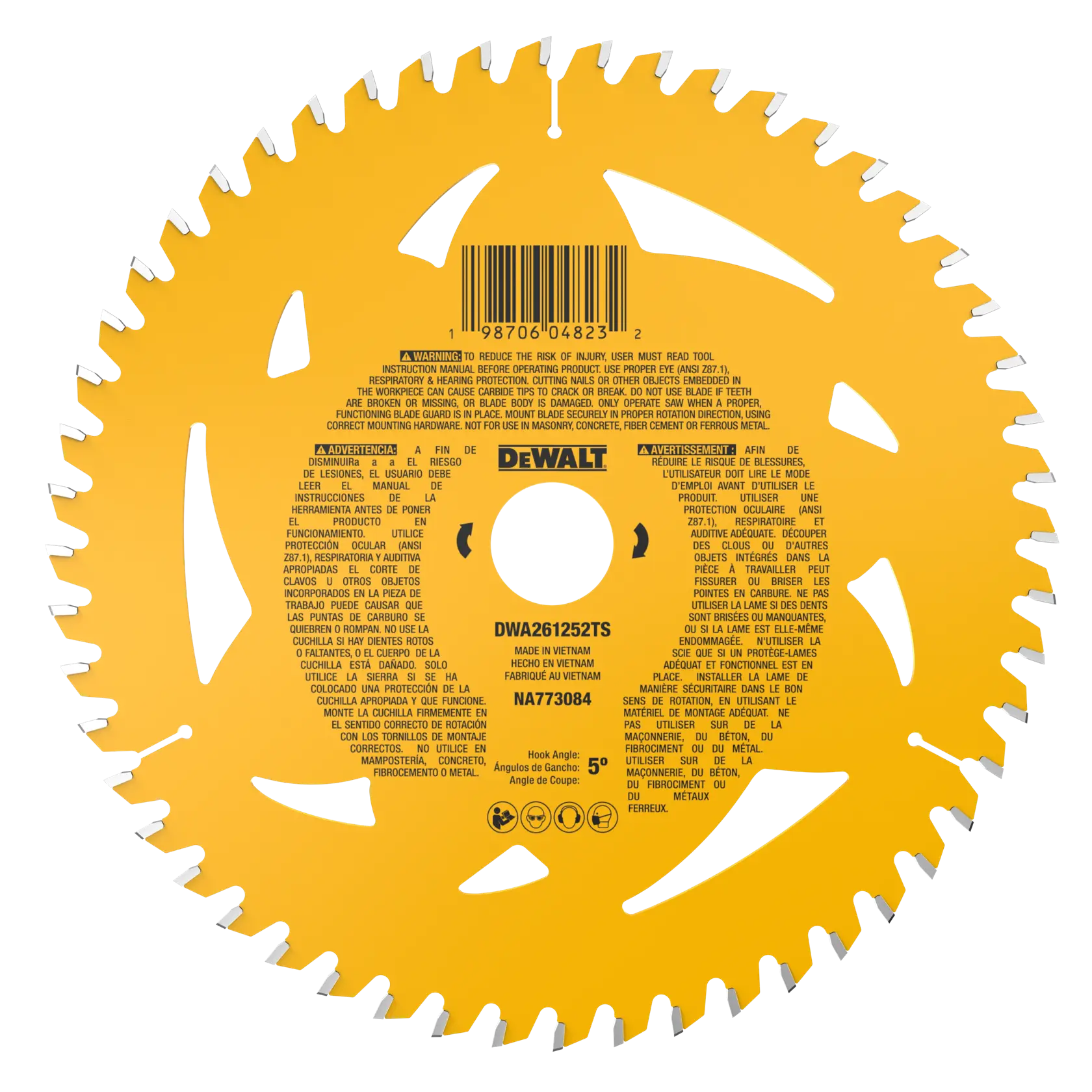 A yellow DEWALT circular saw blade with multiple sharp teeth, product code DWA261252TS, and safety warnings in English, Spanish, French, and Portuguese printed around the center, along with a barcode and technical specifications.