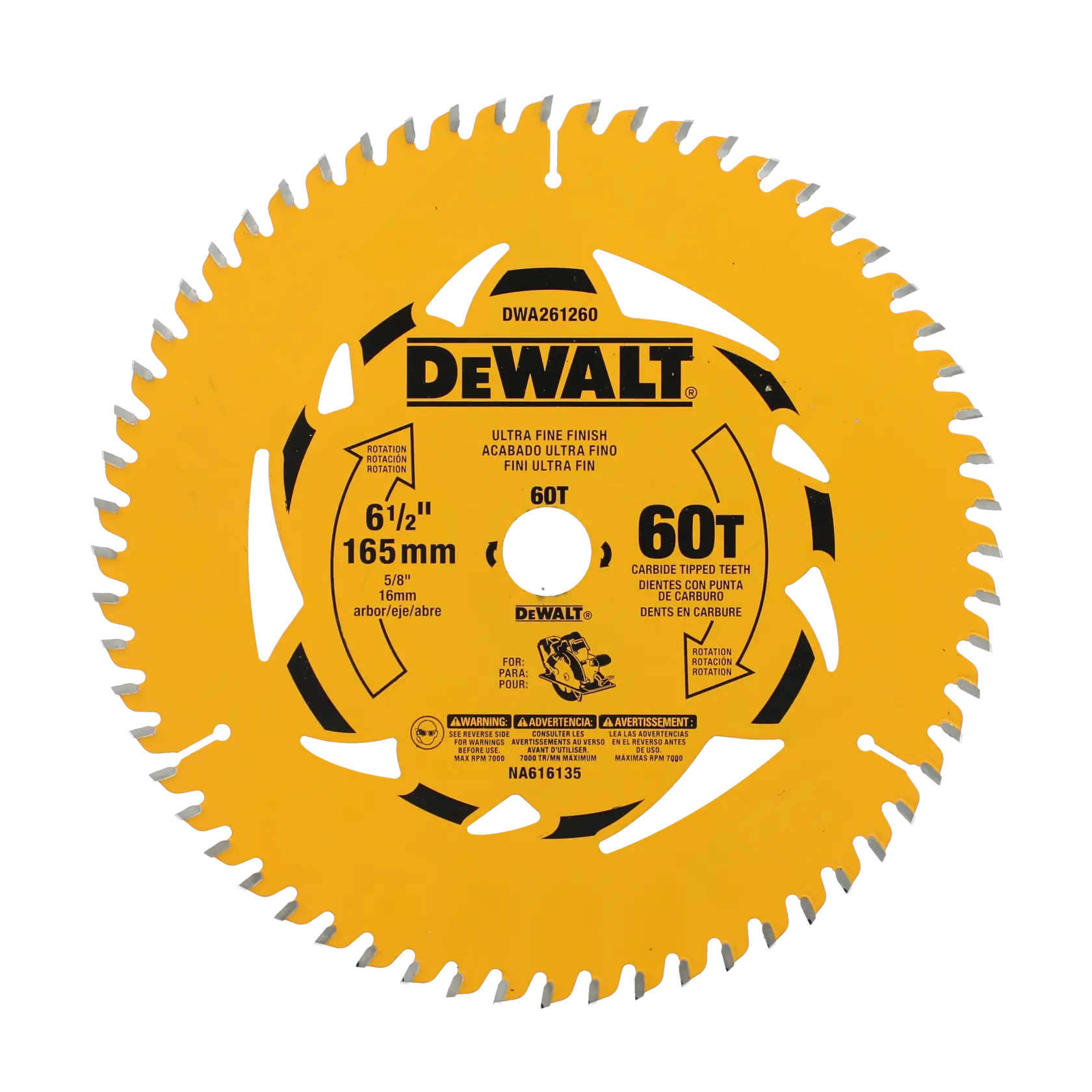 A DEWALT circular saw blade with 60 carbide tipped teeth, measuring 6 1/2 inches (165 mm) in diameter and 5/8 inch (16 mm) arbor. The blade is yellow with black text and is labeled for ultra fine finish cuts.