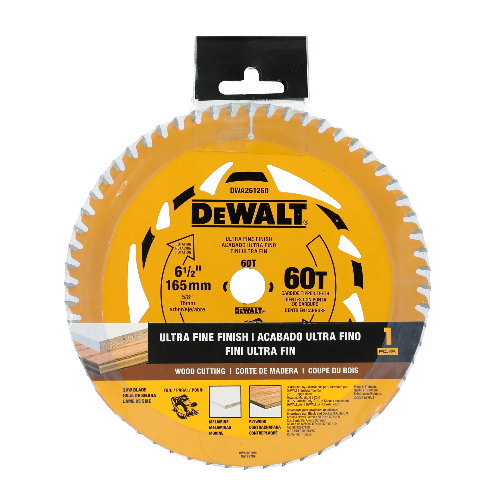 DEWALT DWA261260L circular saw blade for wood cutting, with ultra fine finish, 6 1/2 inch (165mm) diameter and 60 carbide tipped teeth. The blade is shown in its packaging, highlighting its suitability for melamine and plywood materials.