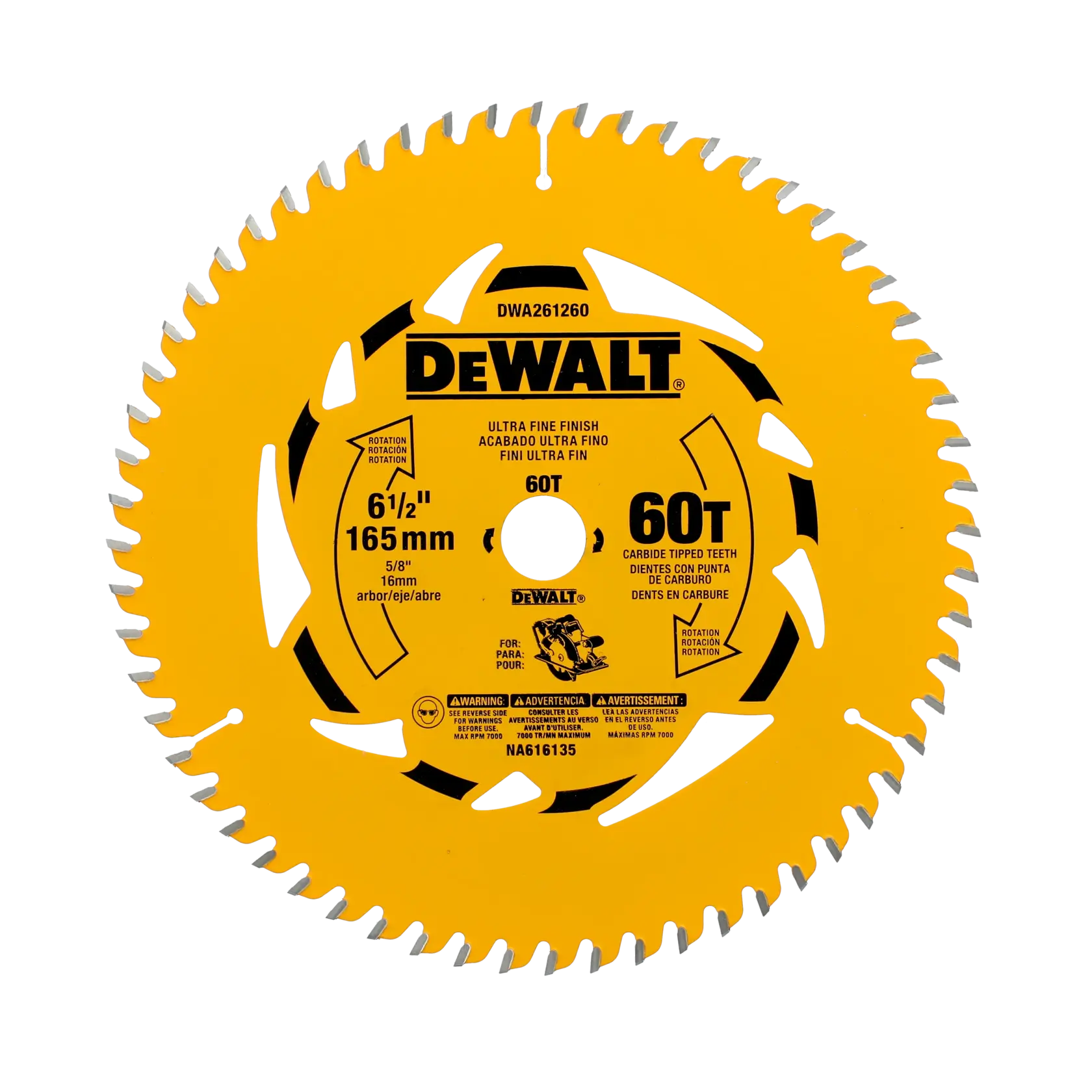 DEWALT DWA261260 circular saw blade, 6.5 inch (165 mm) diameter, 60 carbide-tipped teeth, yellow color, designed for ultra fine finish cutting.